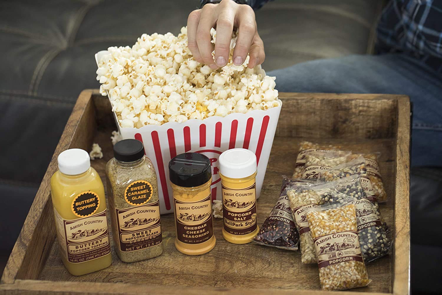 Amish Country Popcorn | 8-4 Ounce Variety Gift Set with Buttery Topping, Sweet Caramel Glaze, Ballpark Salt & Cheddar Cheese Seasoning | Old Fashioned, GMO Free and Gluten Free