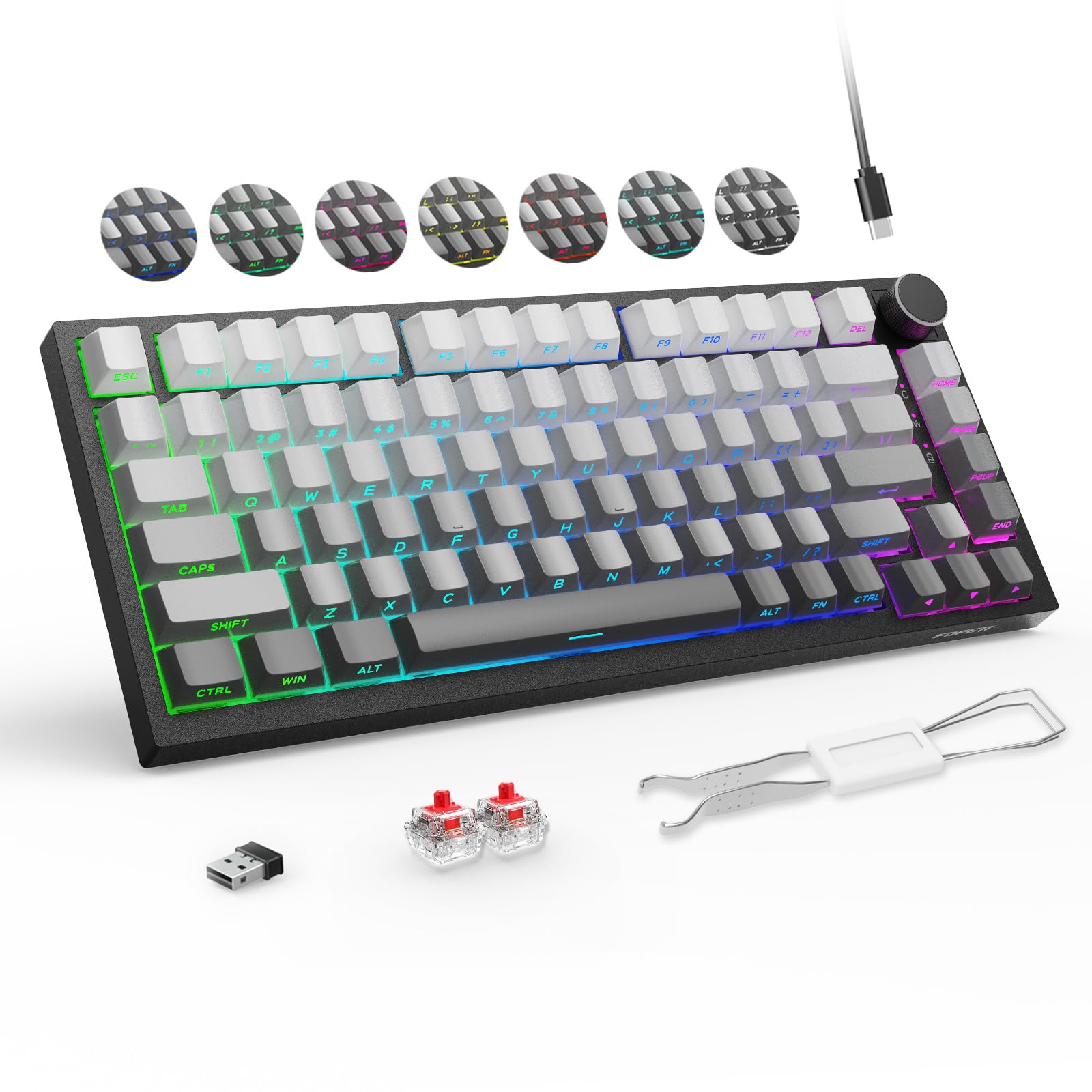 FOPETT Wireless Mechanical Keyboard Rechargeable Adjustable Backlight Three Mode Wired /2.4G /Bluetooth Side Engraved for Laptop/Windows/PC - Gradient Grey Black