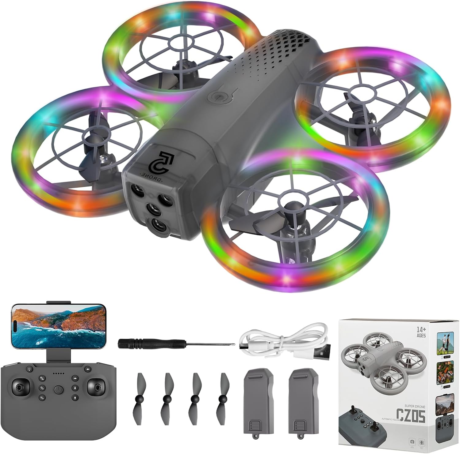 Mini Drone for Kids and Beginners With Cool LED Light – Drone with Camera 1080HD, 3D Flip, Altitude-Hold, Headless Mode, 3 Speed Modes, Easy to fly Kids Gifts Toys With 2 Batteries for Boys and Girls(Grey)