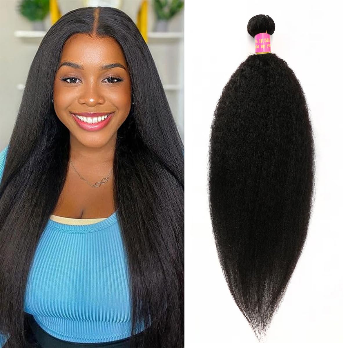 Kinky Straight 1 Bundle Yaki Straight Human Hair Bundles 100% Unprocessed Brazilian Virgin Hair Kinky Straight Human Hair For Black Women (14 inch)