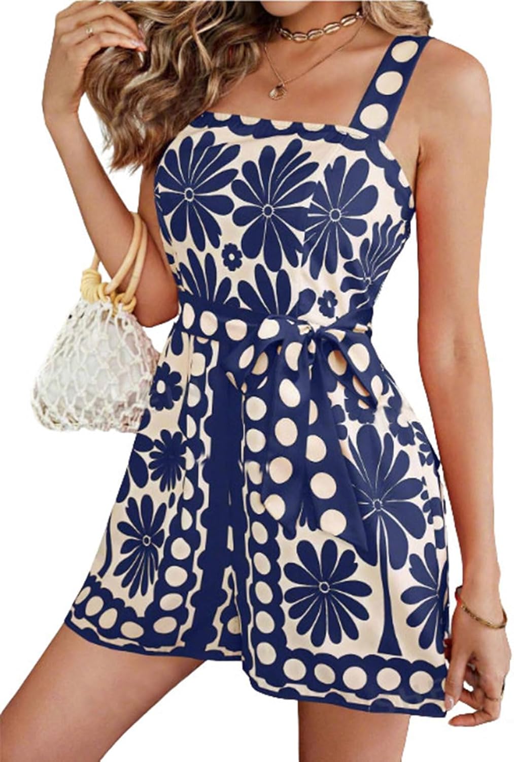 utcoco Womens 2025 Summer Rompers Sleeveless Floral Print High Waist Wide Leg Shorts Overalls Jumpsuit with Belt (Large, Blue)