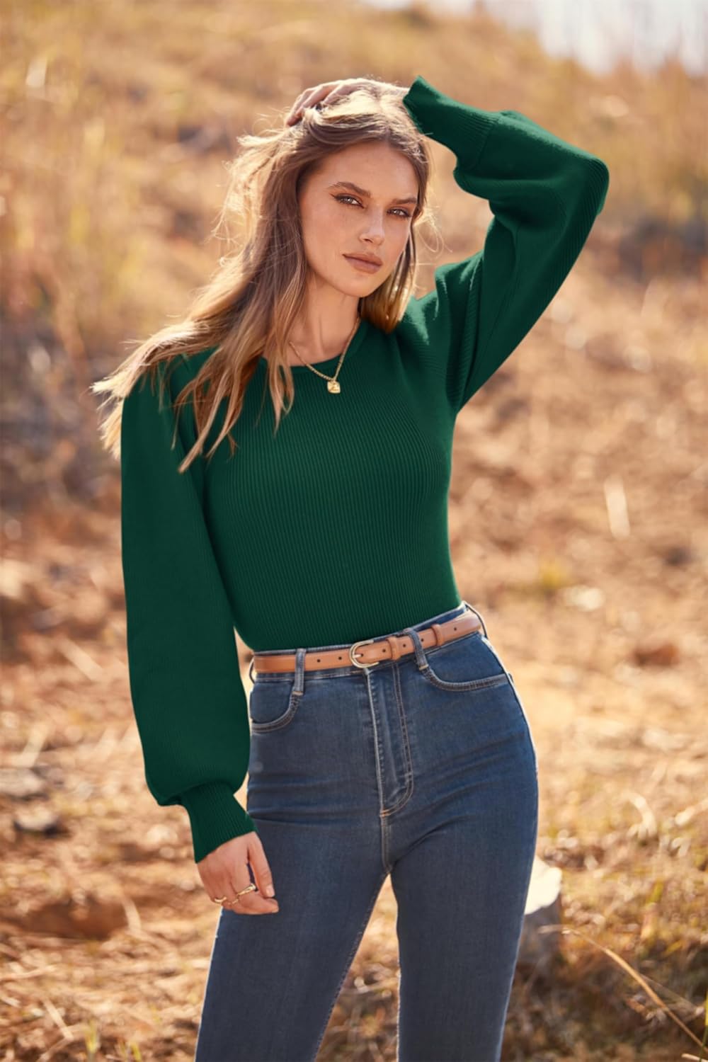 MASCOMODA Long Puff Sleeve Sweaters for Women 2026 Spring Winter Crewneck Knit Ribbed Bodysuit Pullover Tops - Image 3