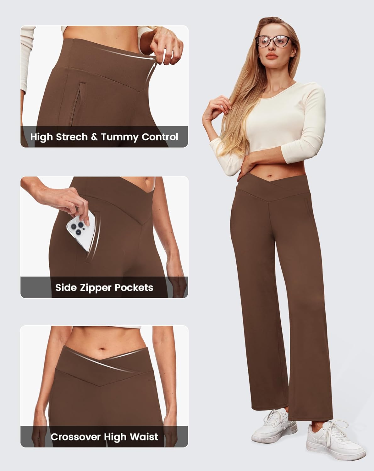 SEMARO Womens Wide Leg Dress Pants Crossover High Waist Stretch Casual Work Slacks Trousers with Zipper Pocket - Image 4