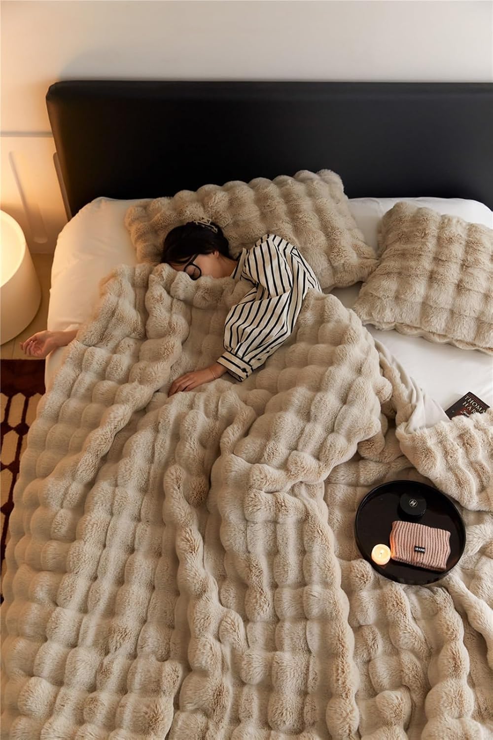 Faux Rabbit Fur Blanket,New Winter Soft Cozy Warm Bubble Faux Fur Blanket,Bedspread Double Face Blanket for Bed Sofa Couch(Beige,200x230cm)