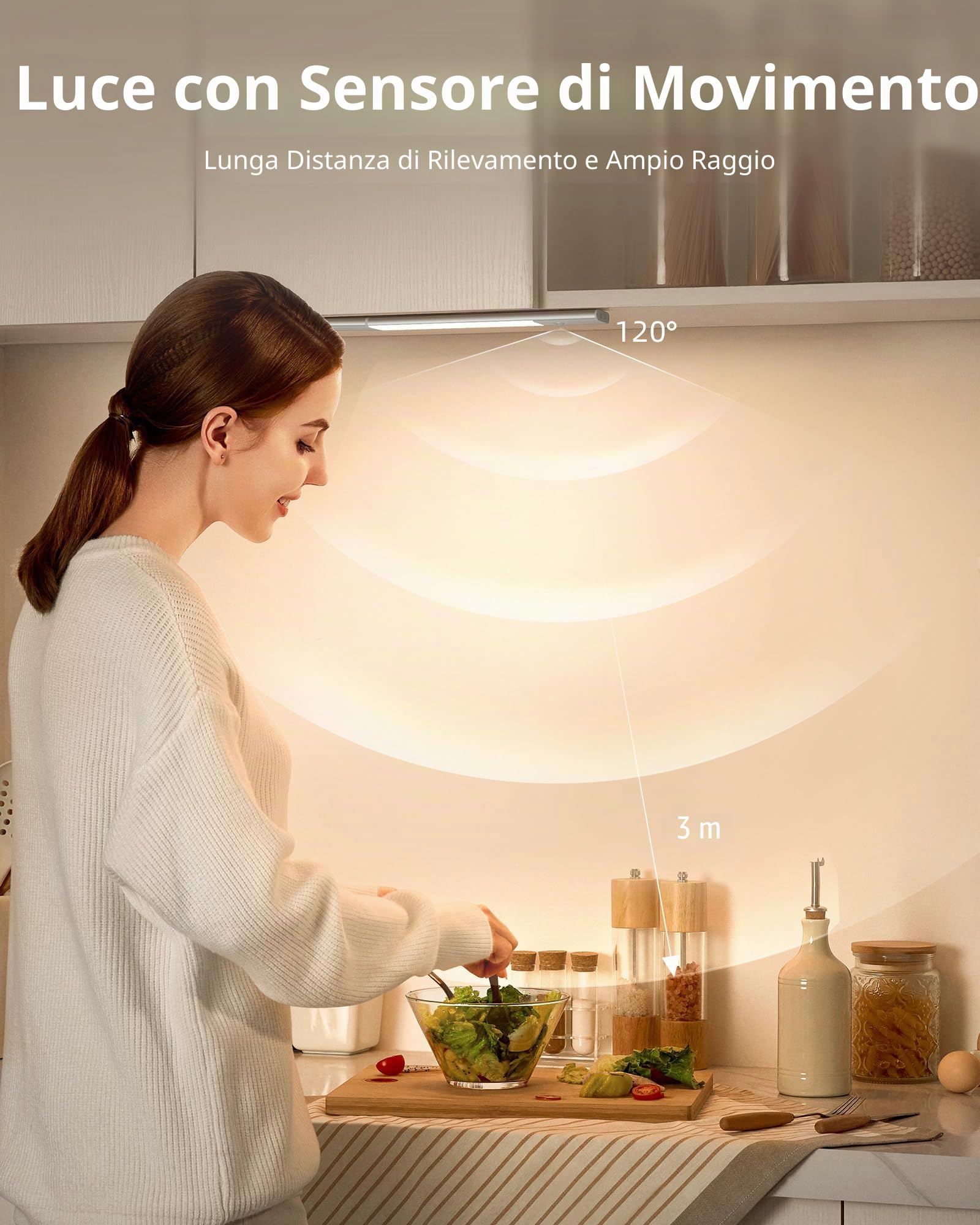 EZVALO 38CM LED Sottopensile Cucina, Batteria Rimovibile da 2200mAh, Luce Armadio Sensore di Movimento, 3 Colori Dimmerabili per Scale, Cucina, Armadi (2 pezzi)