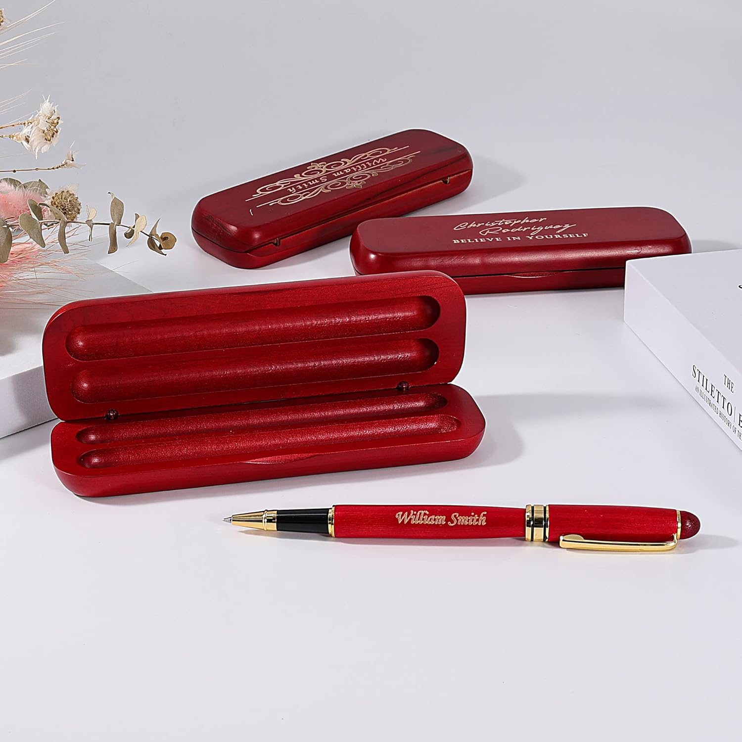 Fanery Sue Engraved Custom Pen Set for Men Women, Personalized Ballpoint Pen & Pencil Sets, Customized Red Maple Wood Pen Set Gift for Friends/Teachers/Students/Graduates(Red-Style5)
