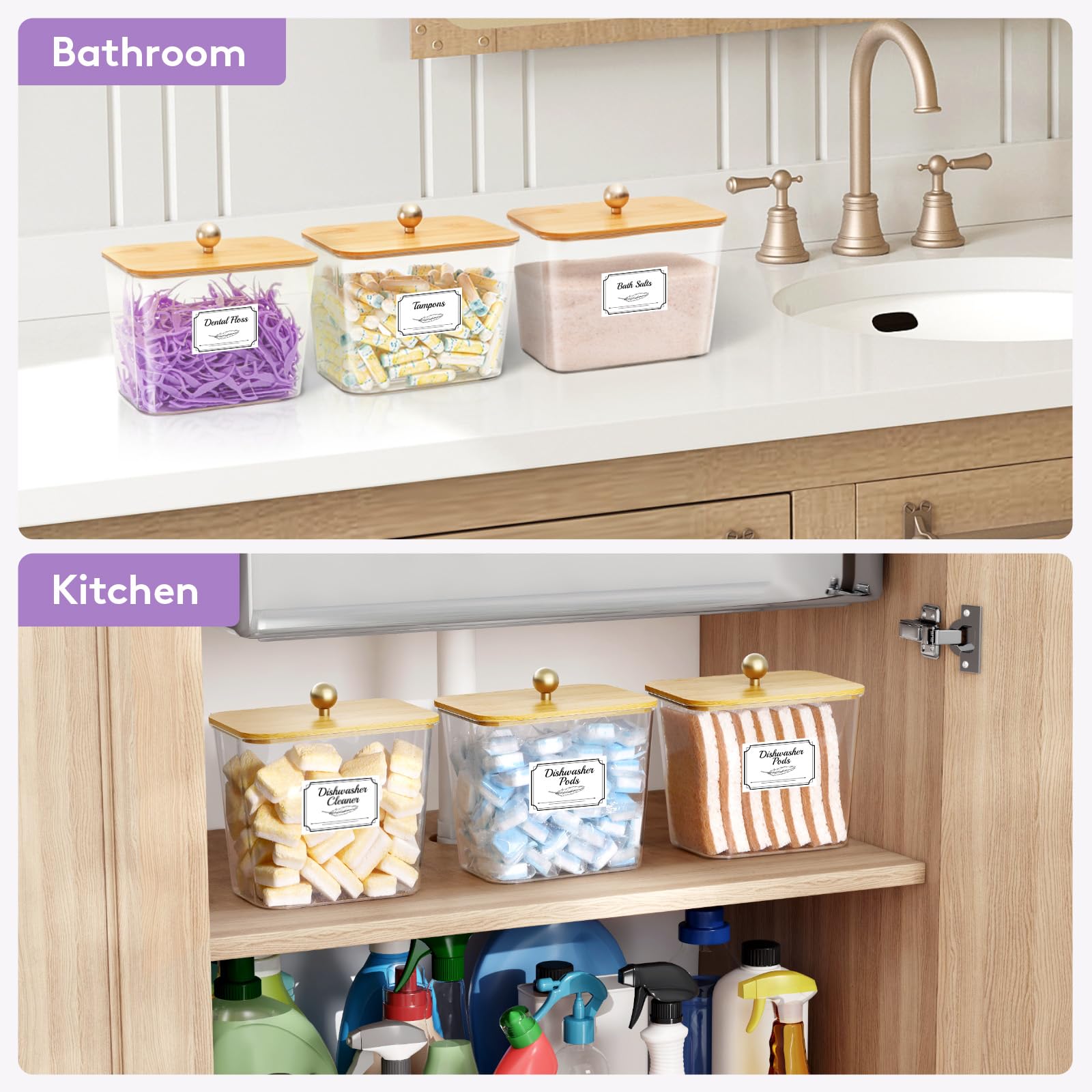 Lifewit 2700 ml Contenedor Detergente Polvo Con Tapa de Bambú, Lavanderia Organizador, Pastillas Lavadora Caja de Almacenamiento de Plástico, Contenedores para Baño, Tarros, Natural, Juego de 4