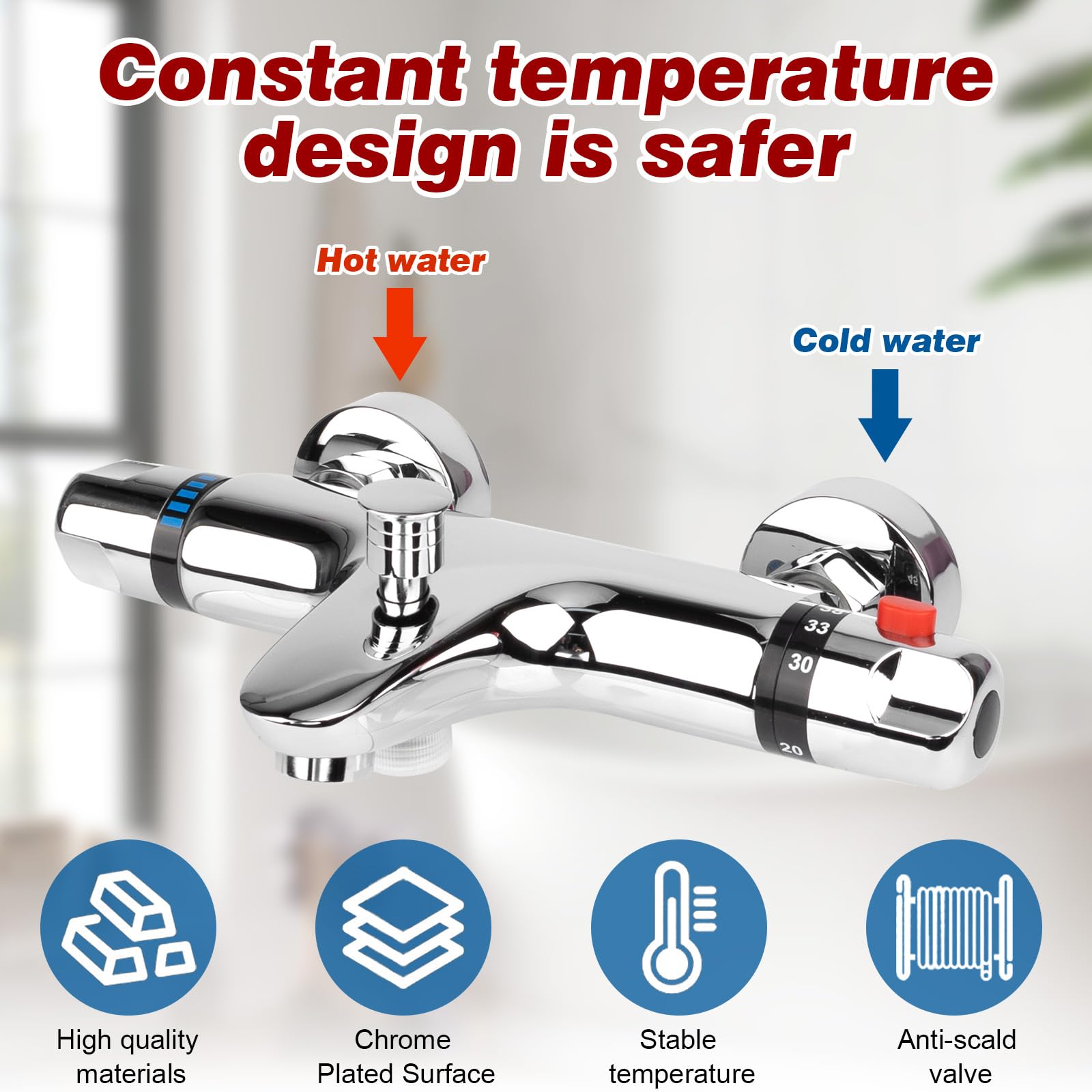 Miscelatore Doccia con Termostatico, 2 Uscite Ubinetto Vasca con Pulsante di Sicurezza 38°C, Miscelatore Vasca da Bagno Termostatico per Doccia per Temperature Calde e Fredde (20°-50°C)