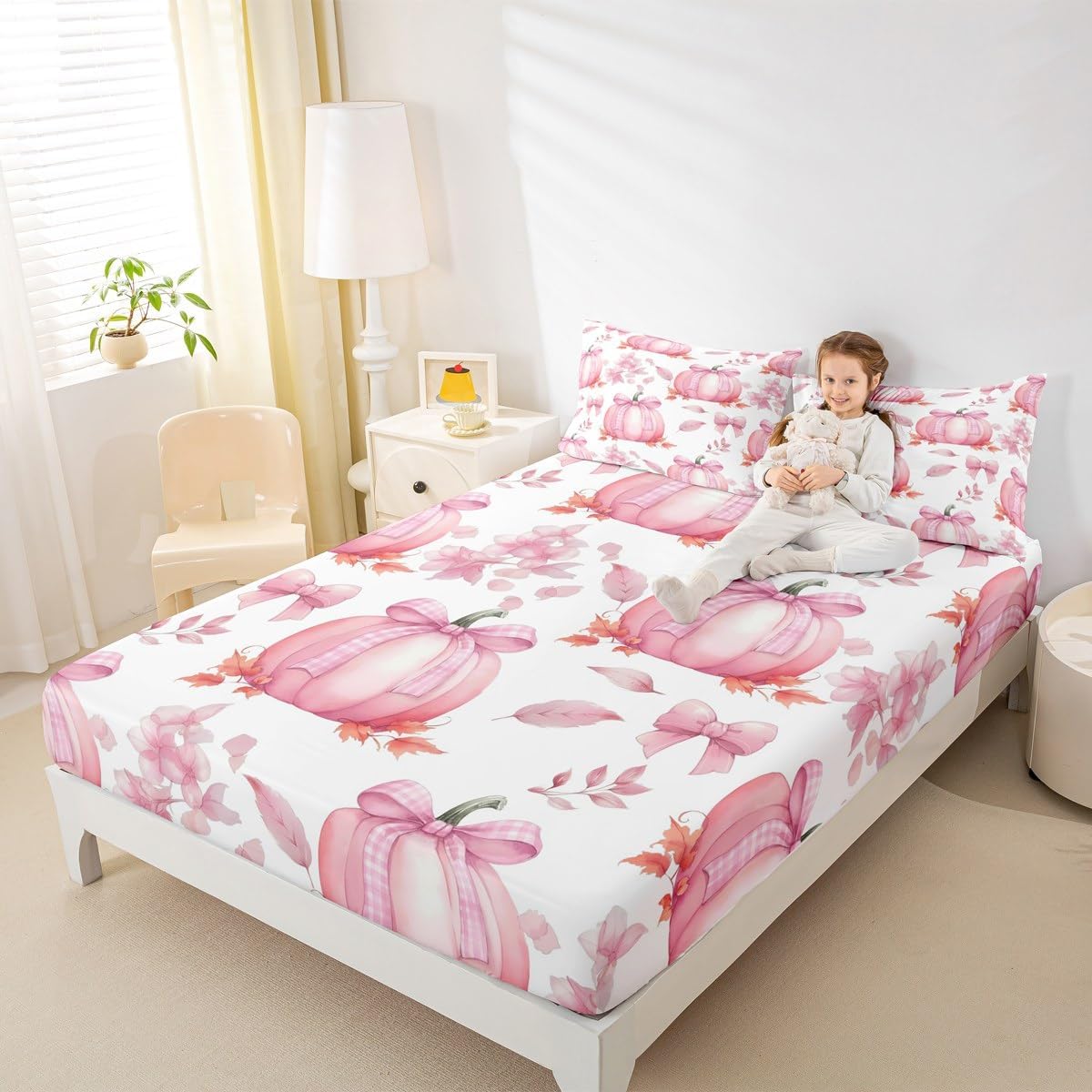 Erosebridal Fall Pumpkin Fitted Sheet Pink Bowknot Bed Sheets Full Autumn Harvest Bedding Set for Women Men Adults Romantic Coquette Bow Knot Bed Cover 3 Pcs Thanksgiving Day Gifts