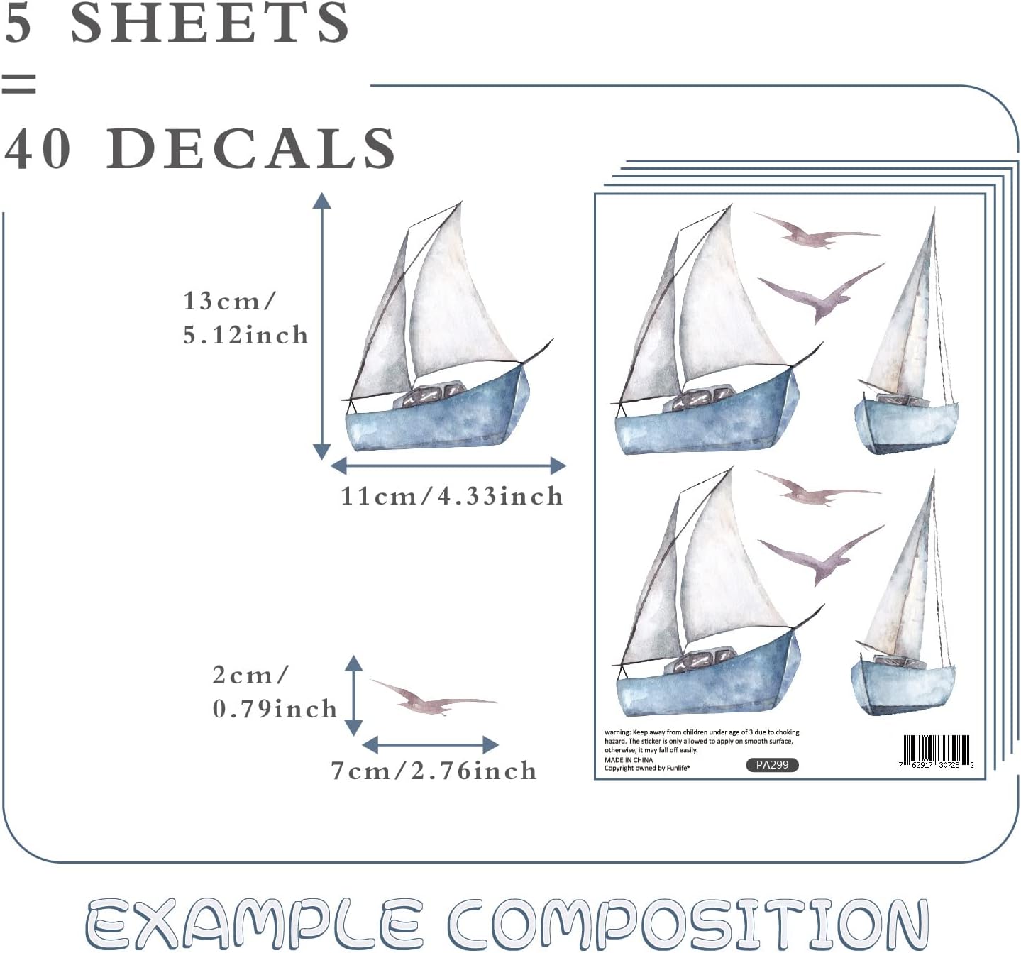 Watercolor Sailboat Wall Decals Peel and Stick, Seagull Wall Sticker for Baby Boys Room Kids Room Playroom Gender Neutral Room Nursery Wall Art Stickers Decor