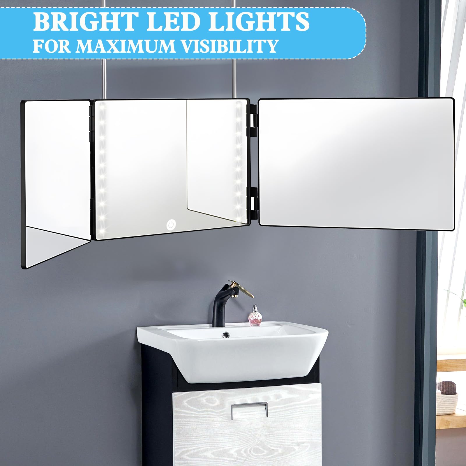 Specchio da Taglio A 360 Gradi, Specchio 360 Gradi Capelli con LED, Specchio Trucco a 3 Vie, Tagliare I Capelli da Soli