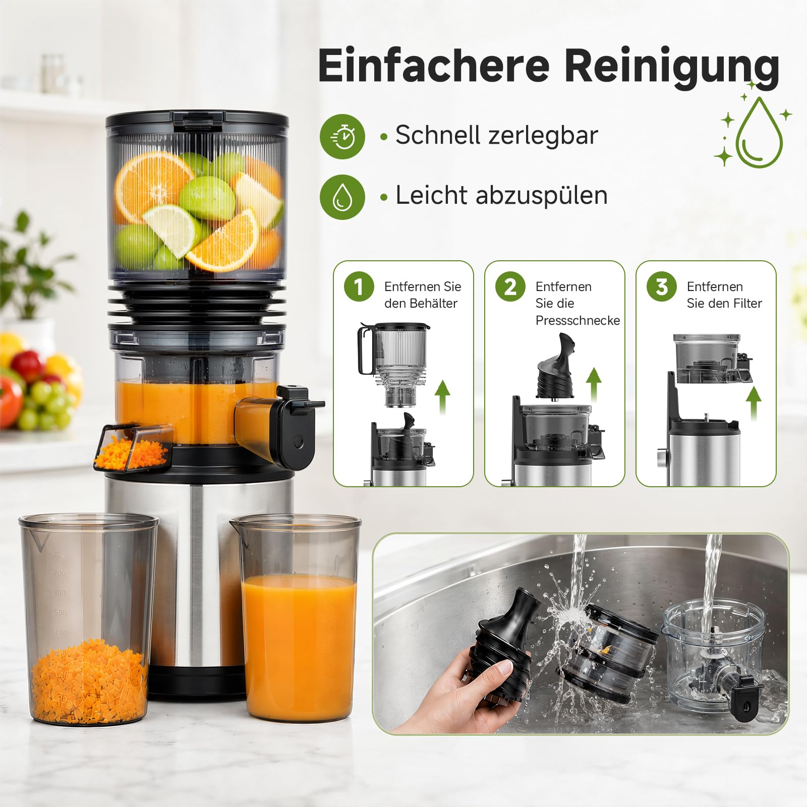 AMZCHEF Entsafter - Slow Juicer mit 158 mm großem Einfüllschacht für Ganze Gemüse und Obst, leicht zu reinigen, Kaltpress-Entsafter mit Saft- und Tresterbecher, hohe Saftausbeute, Silber/Schwarz