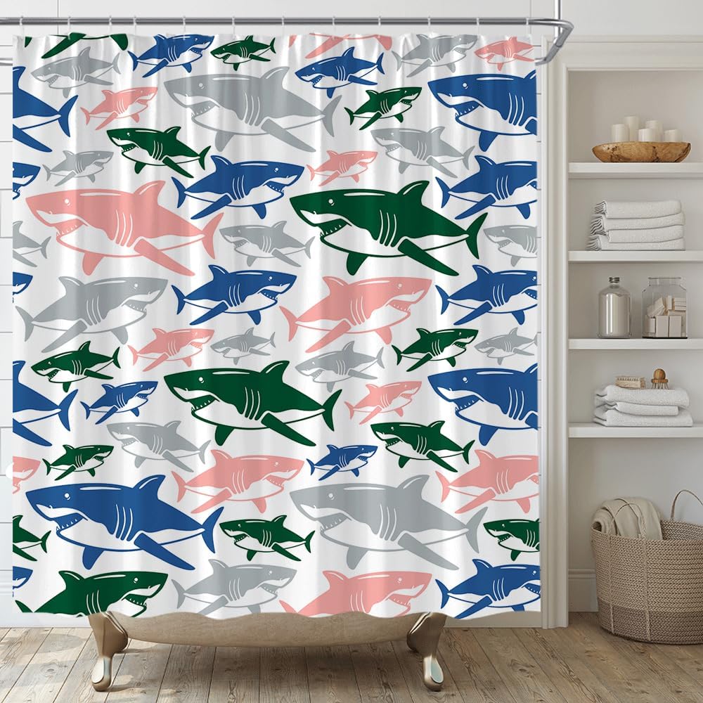 Shark Shower Curtain Ocean Animal Fish Marine Life Underwater Sea Nautical Fabric Bathroom Decor Set with Hooks,(70" Wx84 H)