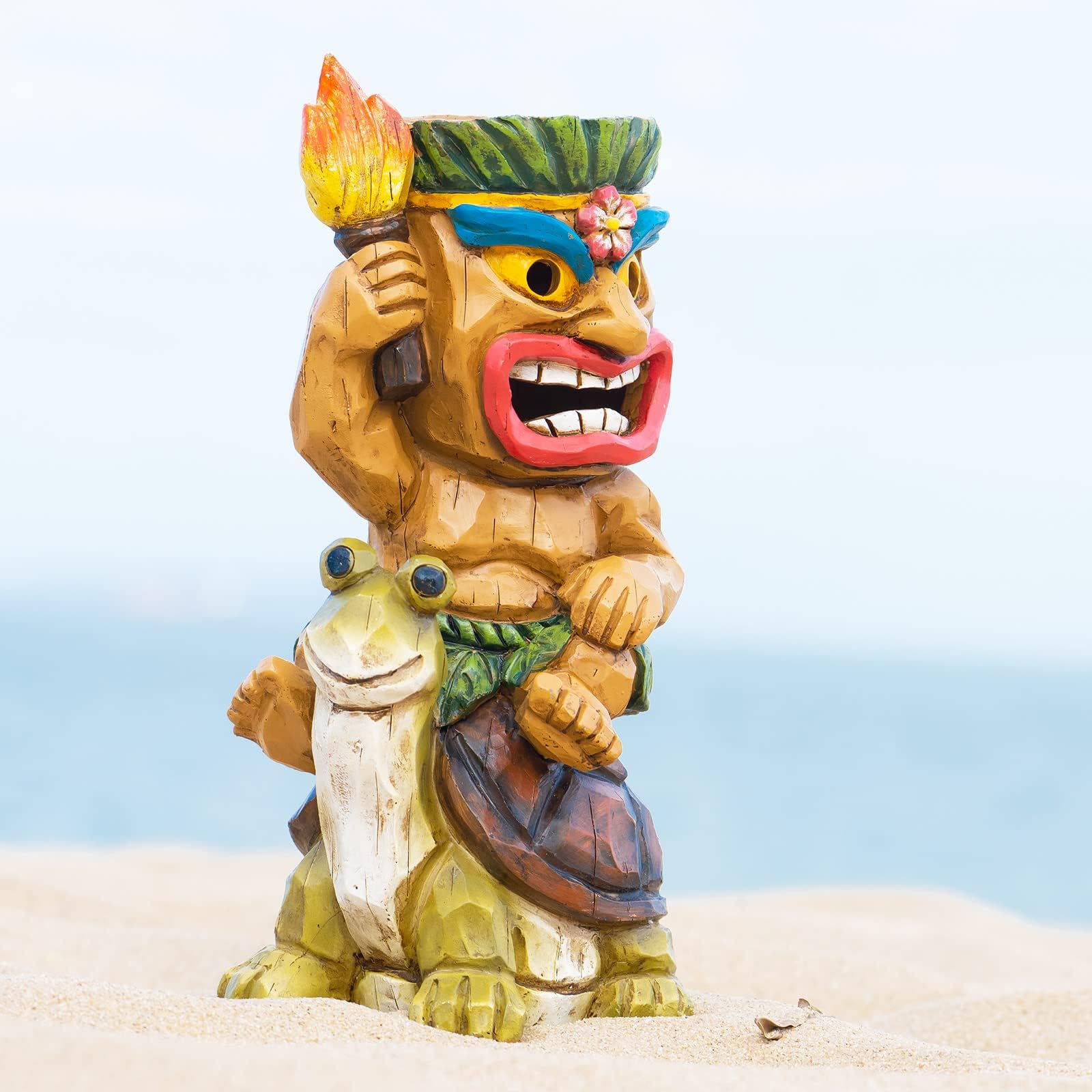 EPTUEGASolar Tiki Statue,Outdoor Statues Tiki - Tiki Statue-Tiki Bar Decor-Tiki Decorations Outdoor Patio Tiki Decor for Tiki Bar, Patio, Balcony, Yard,Lawn Ornament,Riding a Turtle,10inch Tall