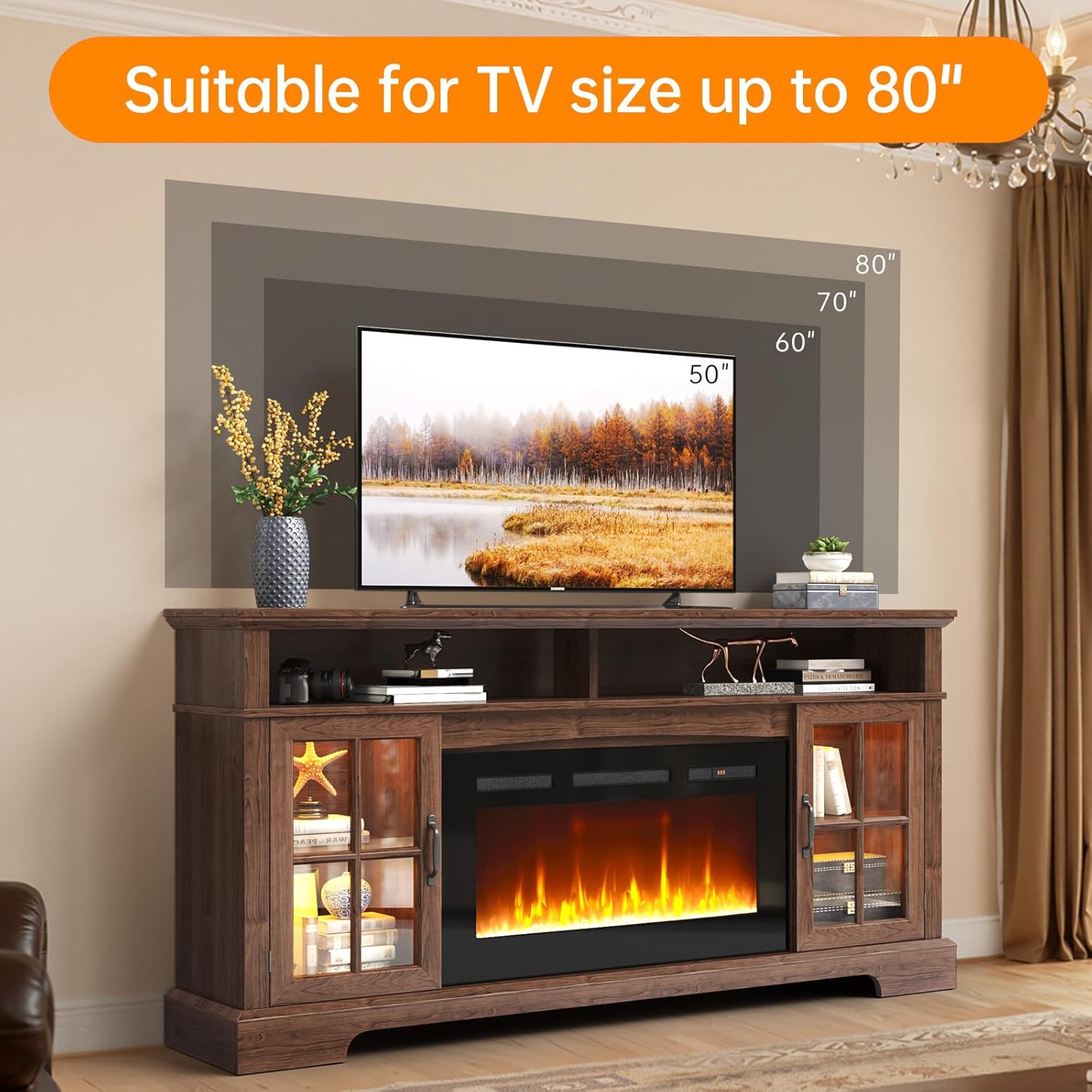 70" TV Stand with Electric Fireplace, Espresso Brown Entertainment Center for TVs Up to 80 Inches, Modern Media Console with Storage Cabinets, Farmhouse Style TV Stand for Living Room