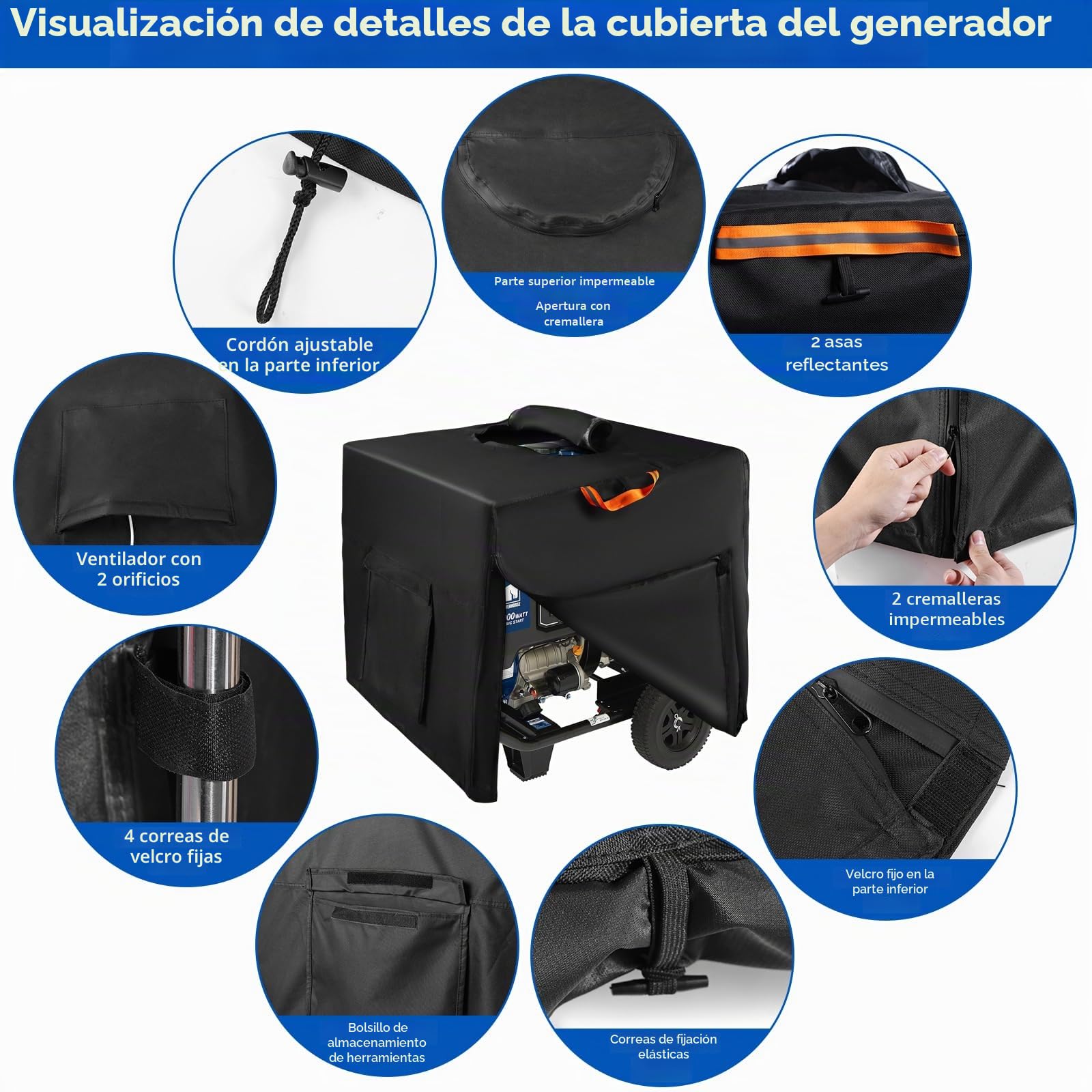 Cubierta para Generador de Exteriores con Cremallera Impermeable, 800D Oxford Fundas de Protección de Generador Universales con Asas Reflectantes, Gran Bolsillo de Almacenamiento (81 x 62 x 60 cm)