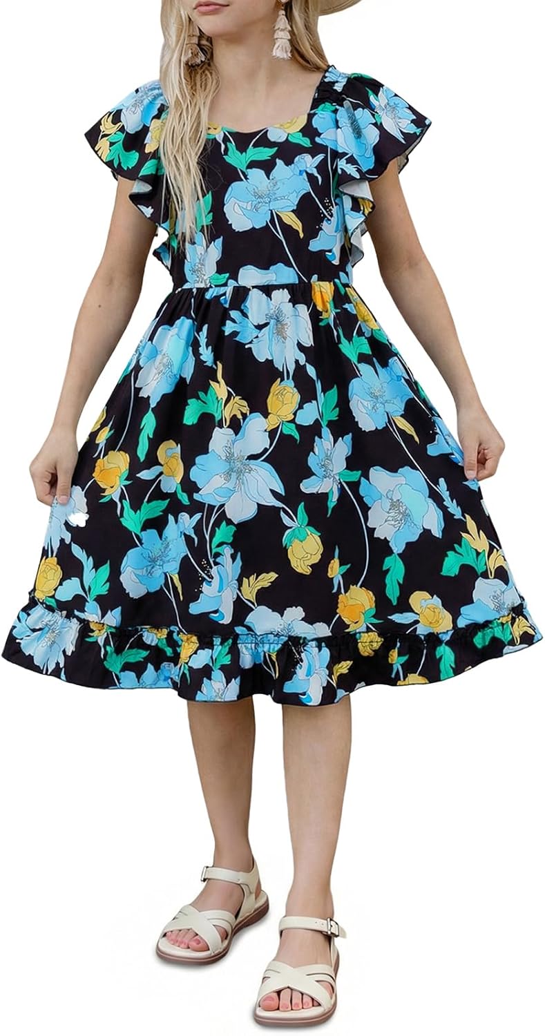 Haloumoning Girls Floral Summer Dress Kids Boho Ruffle Short Sleeve Square Neck Smocked Midi Dresses 5-14 Years