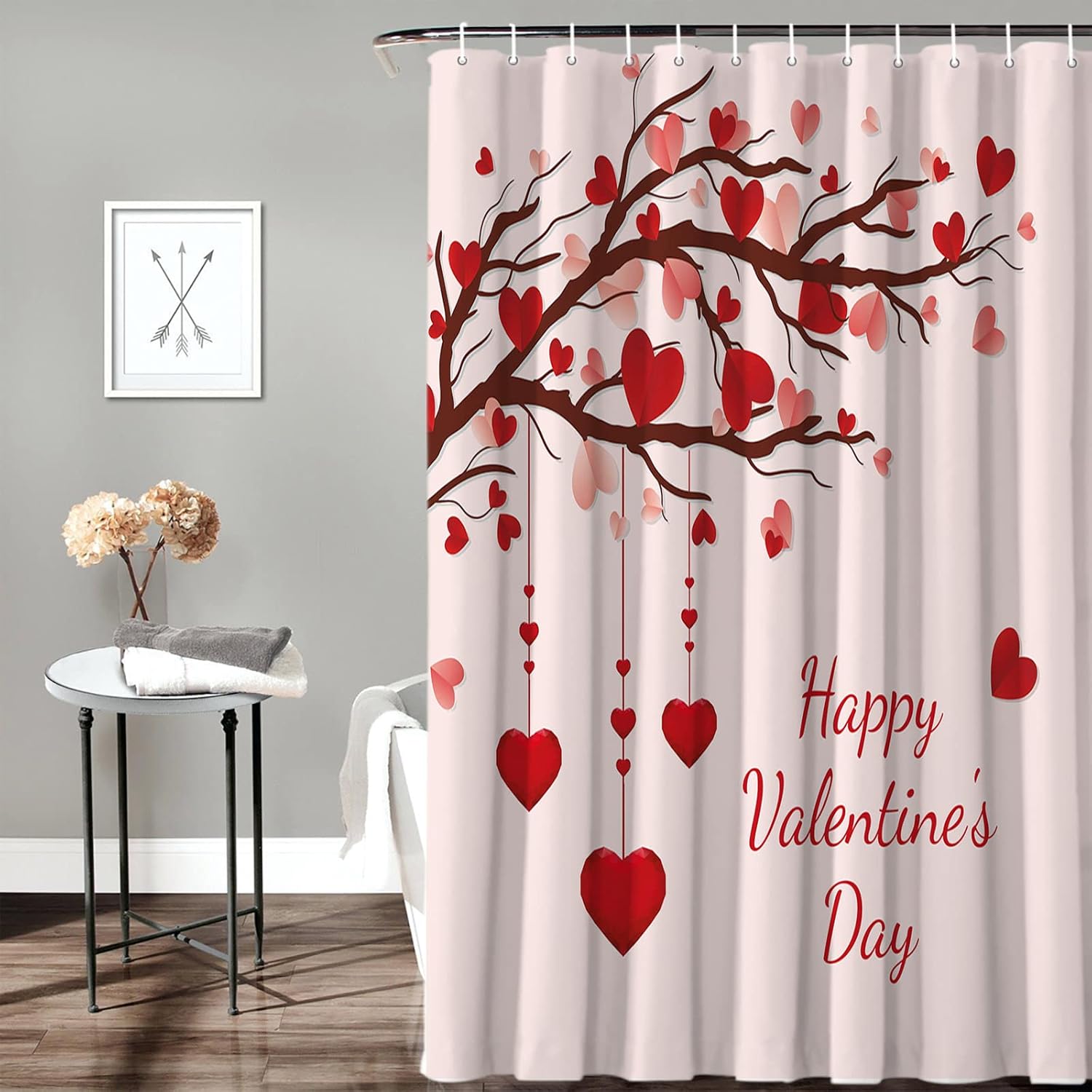 BestLives Valentines Shower Curtains Happy Valentine's Day Waterproof Bath Curtain Love Heart Tree Branch Bathroom Curtain with Hooks Polyester Fabric Home Decoration 72x84inch