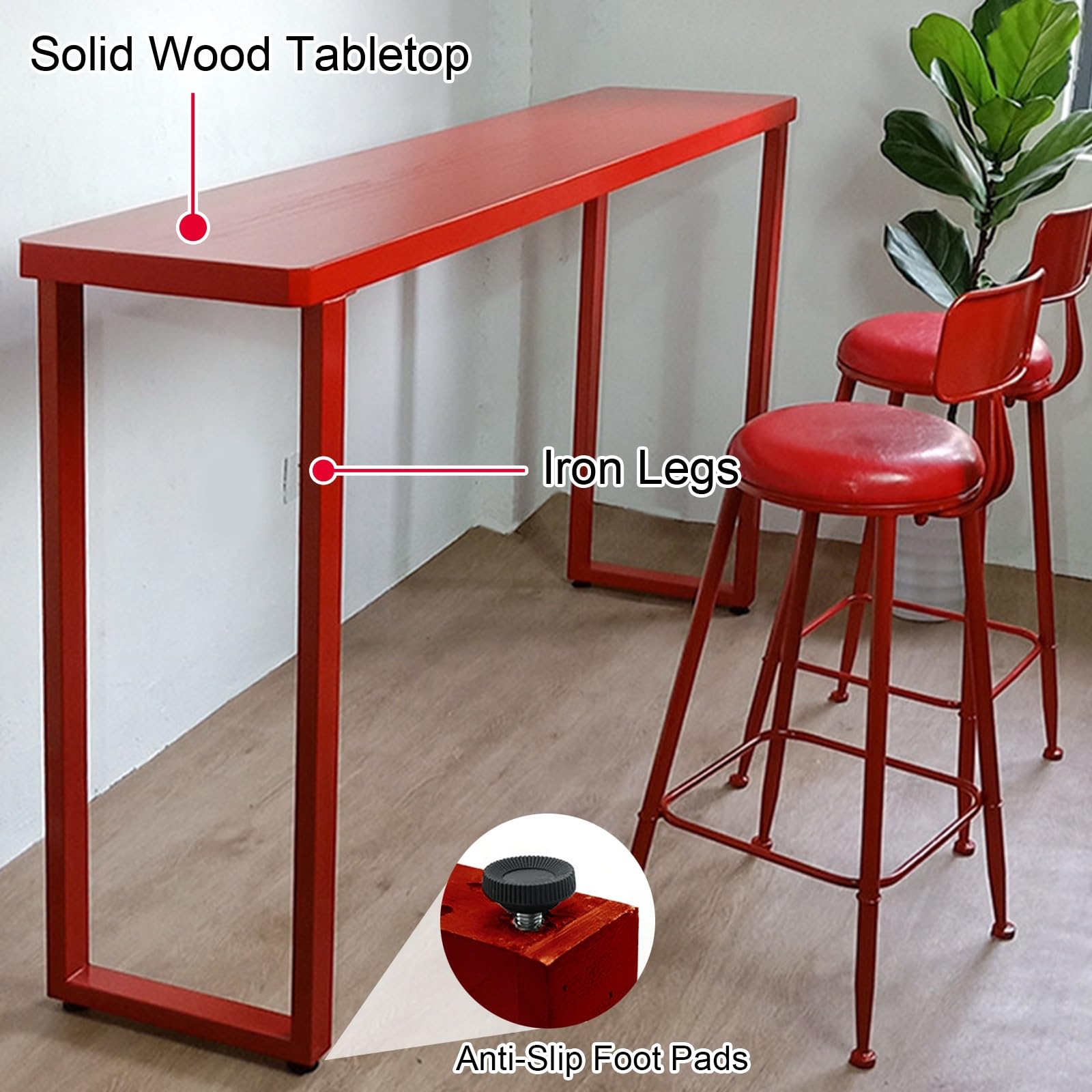 Tavolo Alto da Bar Rosso con Robuste Gambe in Ferro, Tavolino Alto Stretto e Lungo in Legno Massello con Piedini Antiscivolo per Cucina, Soggiorno, Pub, Caffetteria(150x40x105cm/59x16x41in)