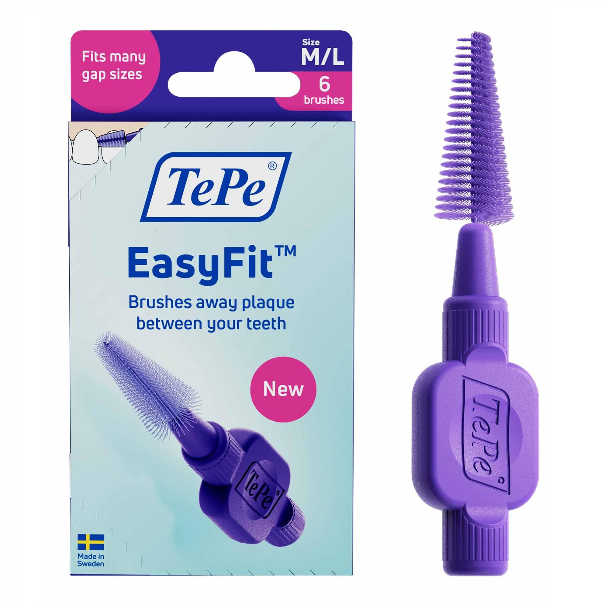 TePe EasyFit™, Viola, M/L, 6 pz, rimozione placca, pulizia efficace degli spazi interdentali, per spazi da medi a larghi