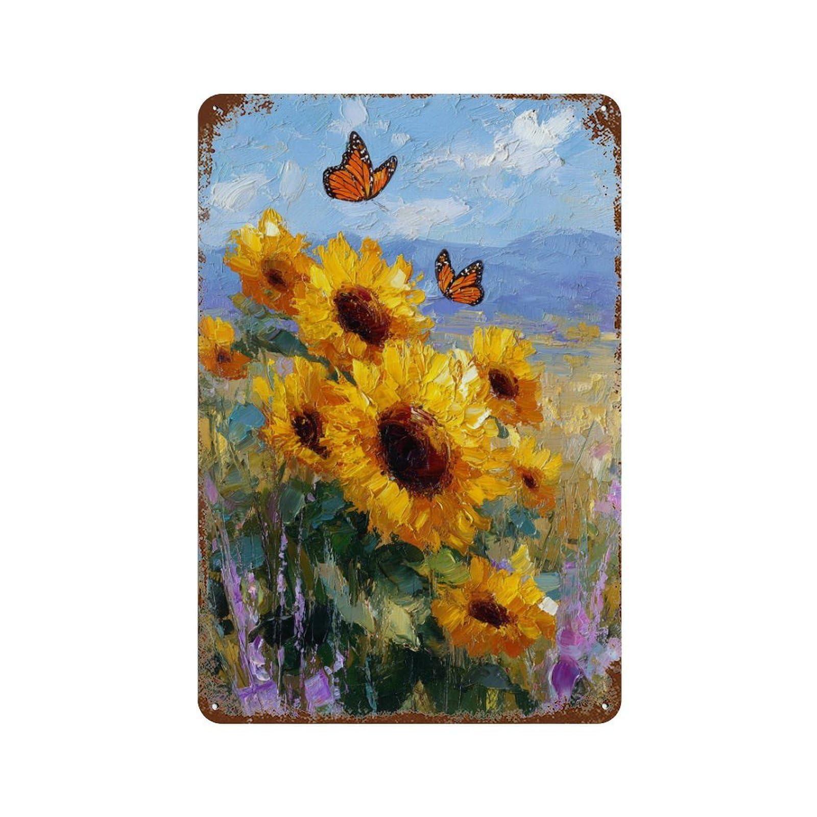 Sunflower Field with Butterflies 11.8"x7.9" Retro Metal Sign, Old School Wall Decor for Office, Studio And Wall Decor