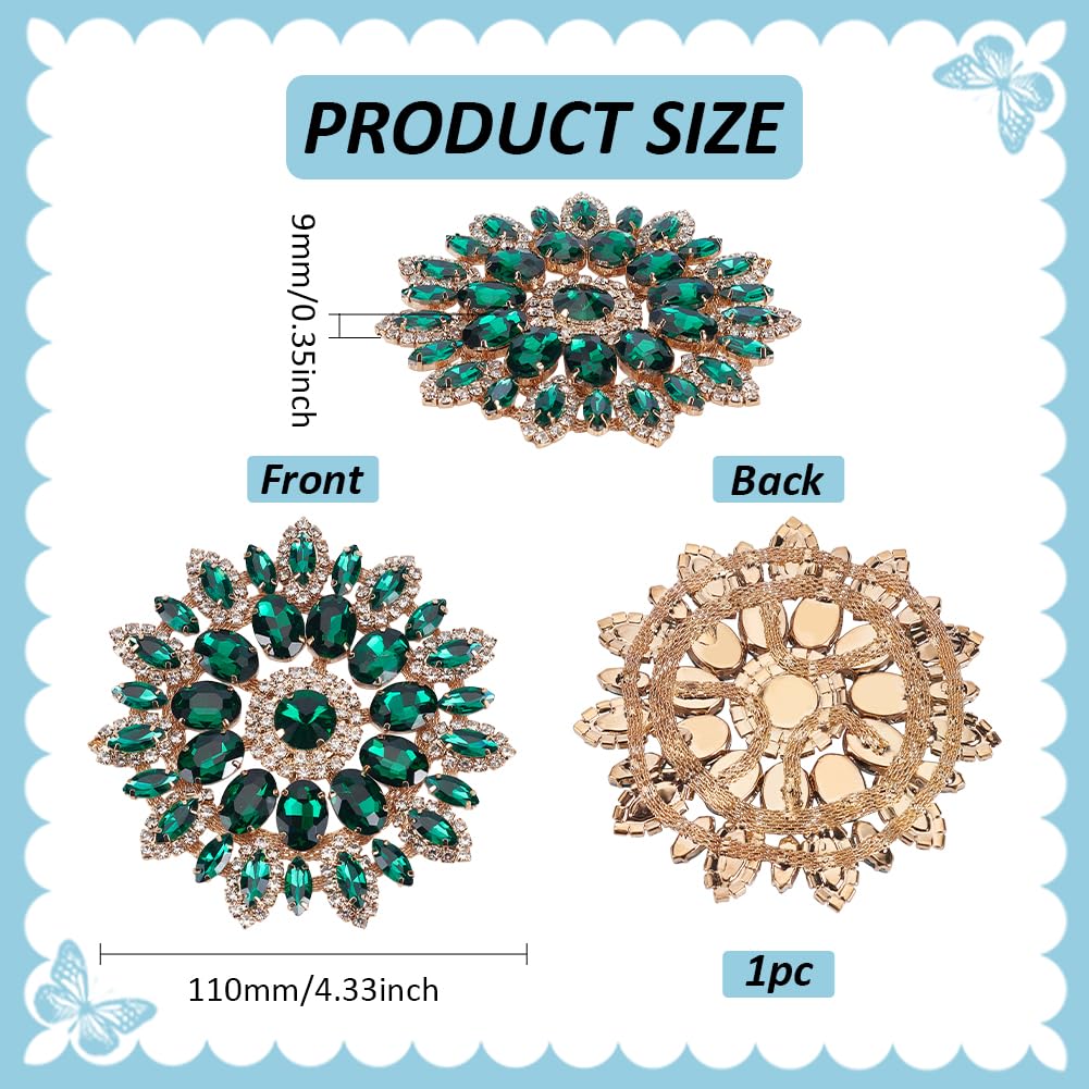 FINGERINSPIRE Green Round Glass Rhinestone Applique with Metal Chain Back 11cm Floral Rhinestone Patch Crystal Patch Flower Rhinestone Appliques for Wedding Bridal Wedding Dress DIY Garments - Image 2