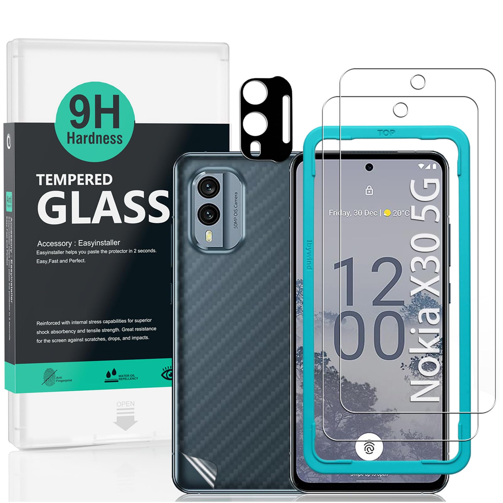 IbywindFor Nokia X30 5G Screen Protector 6.43",2 Pack 9H Hardness Tempered Glass,With 1Pc Camera Lens Protector,1Pc Back Carbon Fiber Film,Easy to install