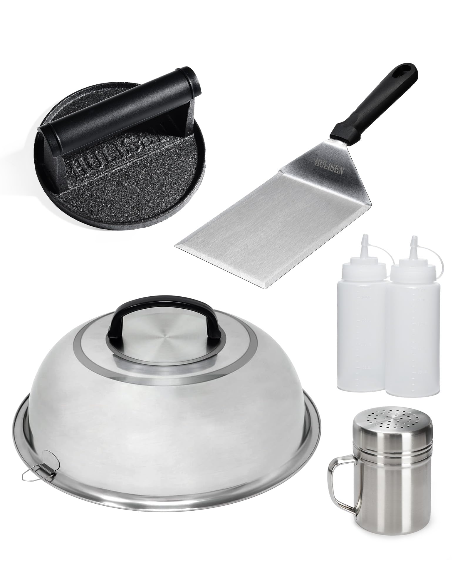 HULISEN Cast Iron Burger Press Kit, 12 Inch Basting Cover, Grill Spatula, Spice Dredge Shaker and 2 Squeeze Bottles – Griddle Accessories for Flat Top Grill Cooking
