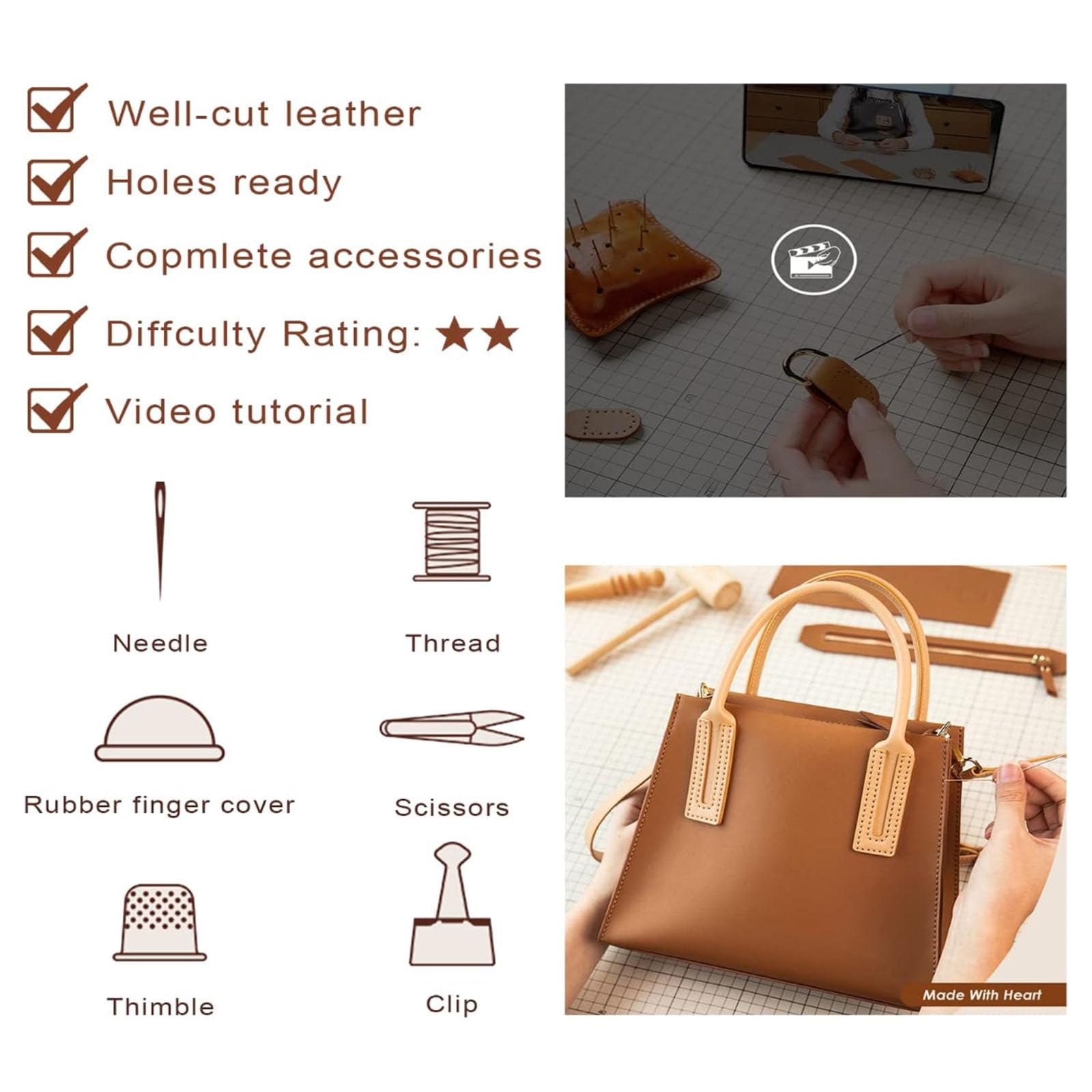 POPSEWING Leder-Handtaschen-Set für Damen mit Griffen oben, DIY-Umhängetasche mit Nähset, handgefertigtes Taschen-Set für Mutter, Freundin, Geburtstag, Weihnachten, Geschenk (schwarz)