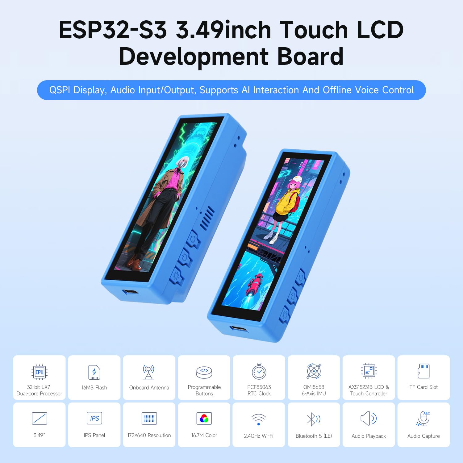 Waveshare ESP32-S3-Touch-LCD-3.49, ESP32-S3 High-Performance Development Board With 3.49" IPS Capacitive Touch Display, 172x640Pixel, With ESP32-S3R8 Dual-Core Processor, Case A version, without batt