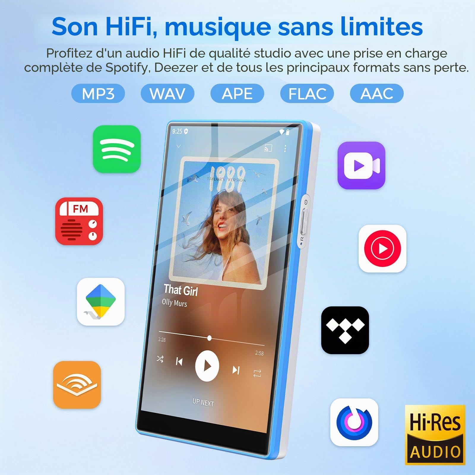 96Go Lecteur MP3 avec Bluetooth et WiFi, Lecteur MP4 avec Écran Tactile de 5 Pouces et Haut-parleurs, Baladeur MP3 avec Spotify, Deezer, Amazon Music, Bleu & Blanc