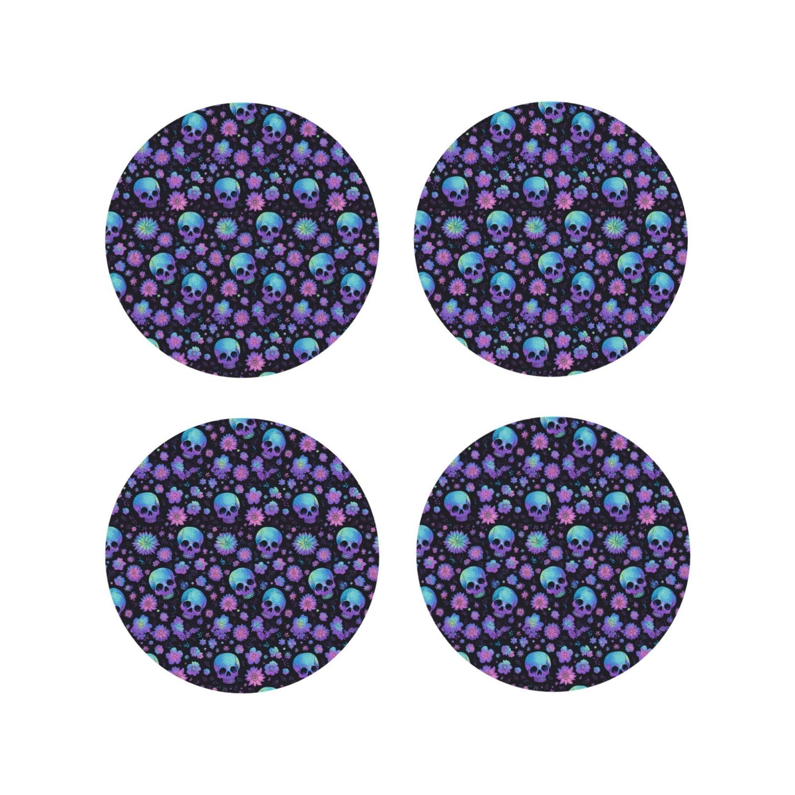 Leather Coasters Set of 4 - Purple Skull Flower Print Lightweight Drink Coasters for Desk