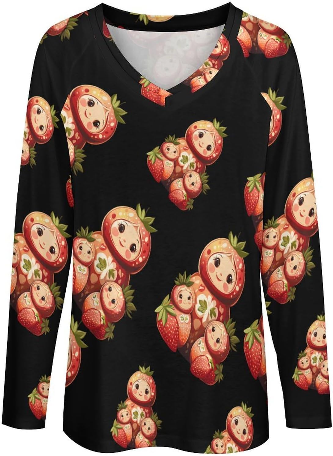 Matryoshka Russian Strawberry Nesting Doll Womens Long Sleeve Sweatshirt V Neck Shirts Casual Tops