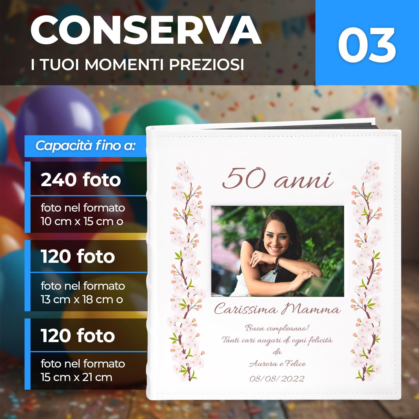 Maverton Album Foto Personalizzato, Copertina in Pelle | Sintetica con Finestra e Personalizzazione Stampata, 60 pagine nere, 240 foto 10x15 cm, regalo donna, Fiori