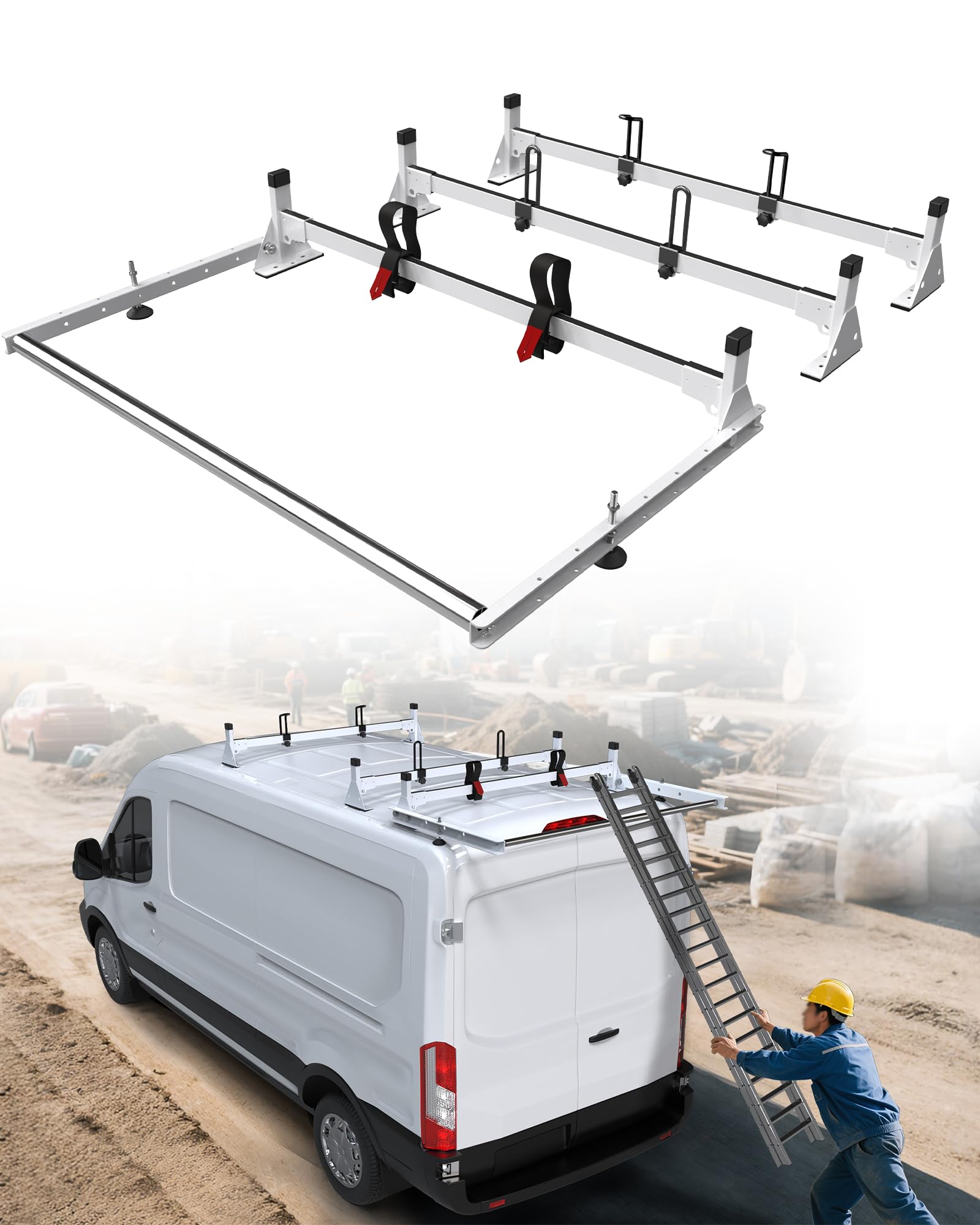 melipron cargo van roof ladder rack with longer rear roller fit for ford transit 150 250 350, low/mid/high roof, 800?lbs capacity steel ladder rack for van, no affect brake light, no?drill