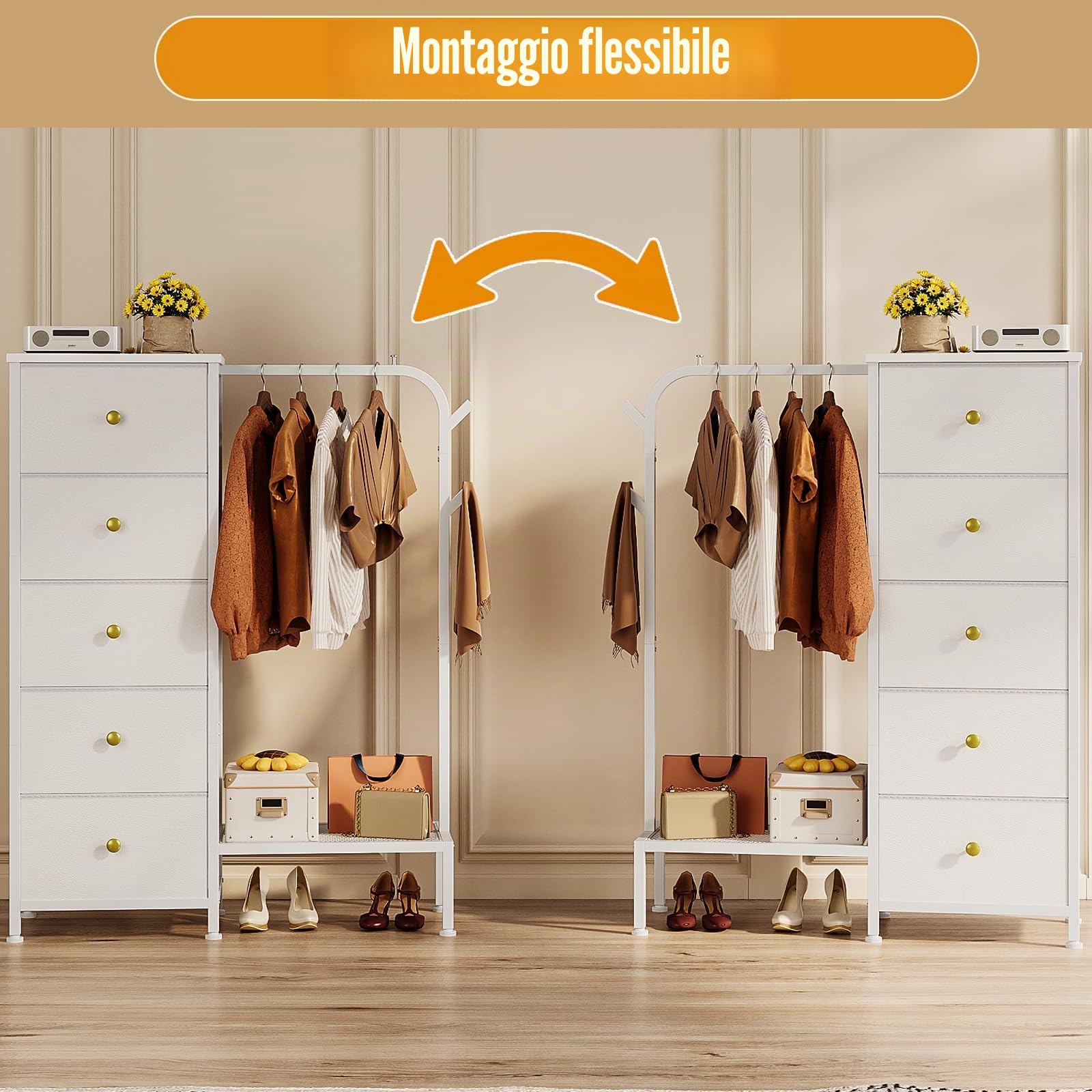 Trironsun Armadietto in tessuto sottile con 5 cassetti e asta appendiabiti per bambini, con mensola pensile, reversibile, salvaspazio, per camera da letto o cameretta dei bambini (bianco)