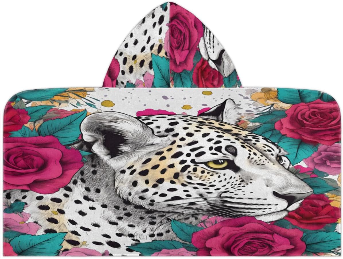 Pardick Kids Bath Towel Rose Leopard Beach Towel with Hood Pool Cover Up for Girls Boys Soft Absorbent Hooded Bath Towel Toddler Towels for Beach, Pool