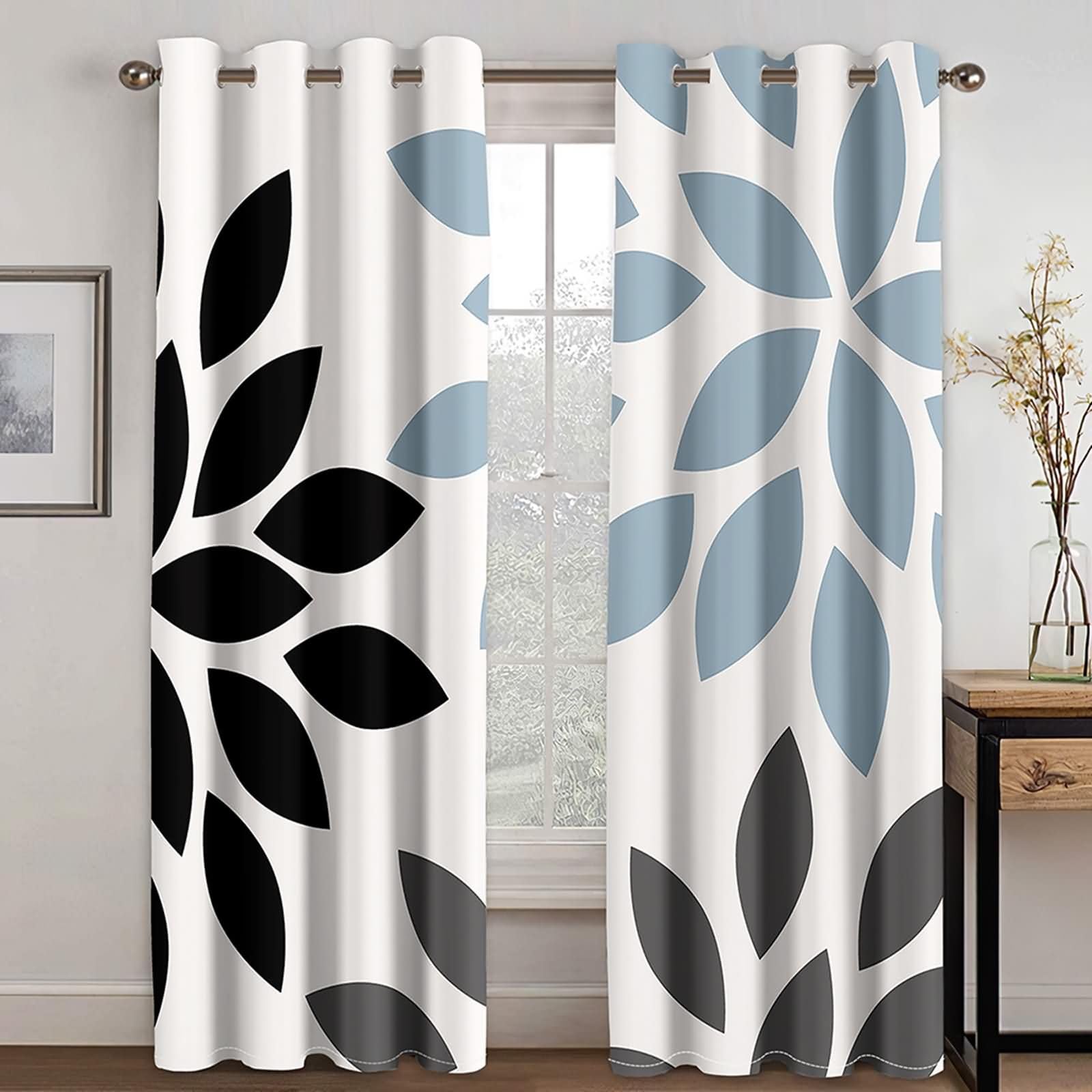 2 Stück Gardinen Blickdicht Schlafzimmer,2 x 234W x 274H cm,Vorhänge Ösen Küche Blütenblattmuster Gardine Vorhang für Küchen Schwarz Blau