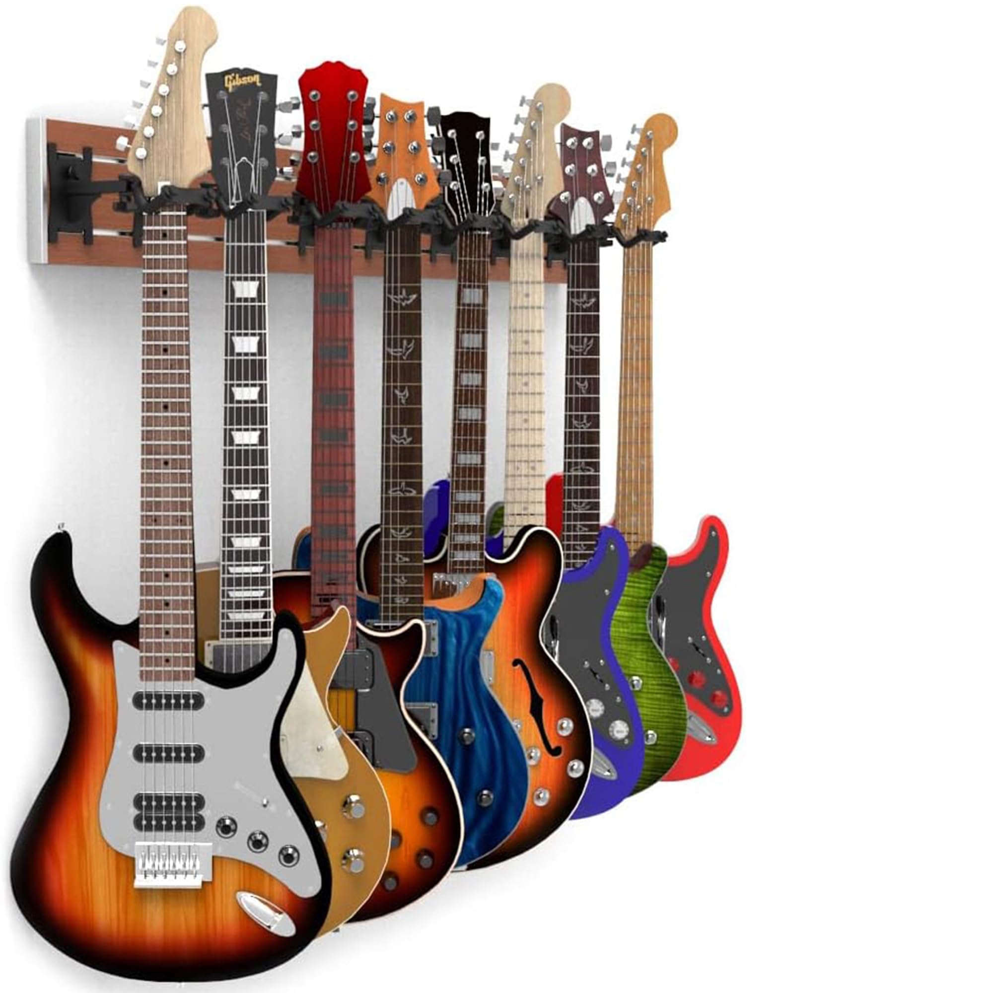 DLDIRECT Multiple Guitar Wall Mount with 8 Guitar Holder Locking System, 48-Inch Cherry Wall Hanger for Guitars and Ukuleles