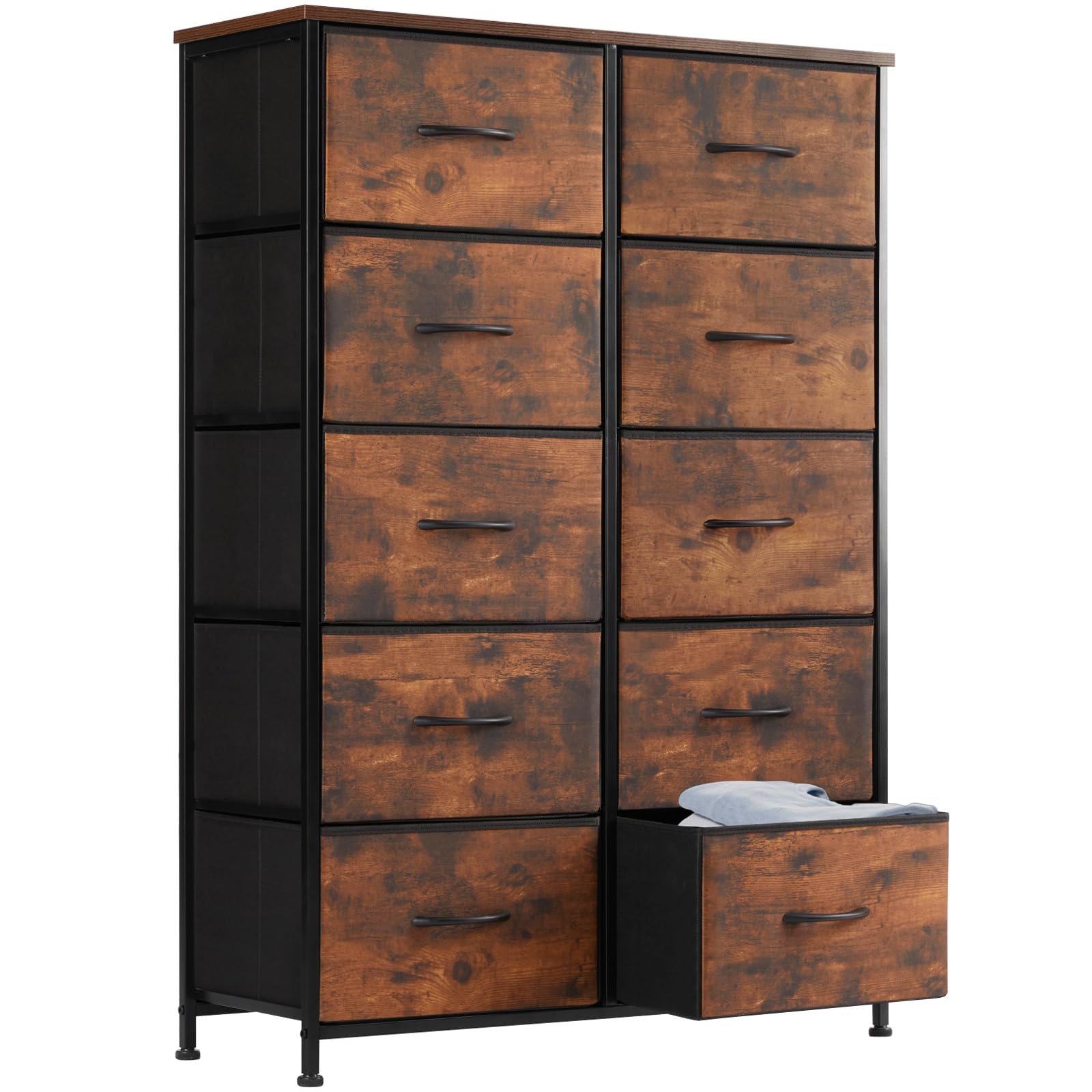 Sweetcrispy Dresser for Bedroom, Fabric Dresser with 10 Drawers, Tall Double Dresser, Chest of Drawers for Closet, Living Room, Sturdy Steel Frame, Wooden Top, Easy Pull Handle, Rustic Brown