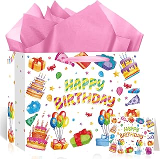 Watercolor Birthday Gift Bag for Kids Large Happy Birthday Gift Bag with Handle Greeting Card and Tissue Paper Colorful Wrapping Paper Bags for Girls Boys Baby Shower Bday Christmas Party Supplies