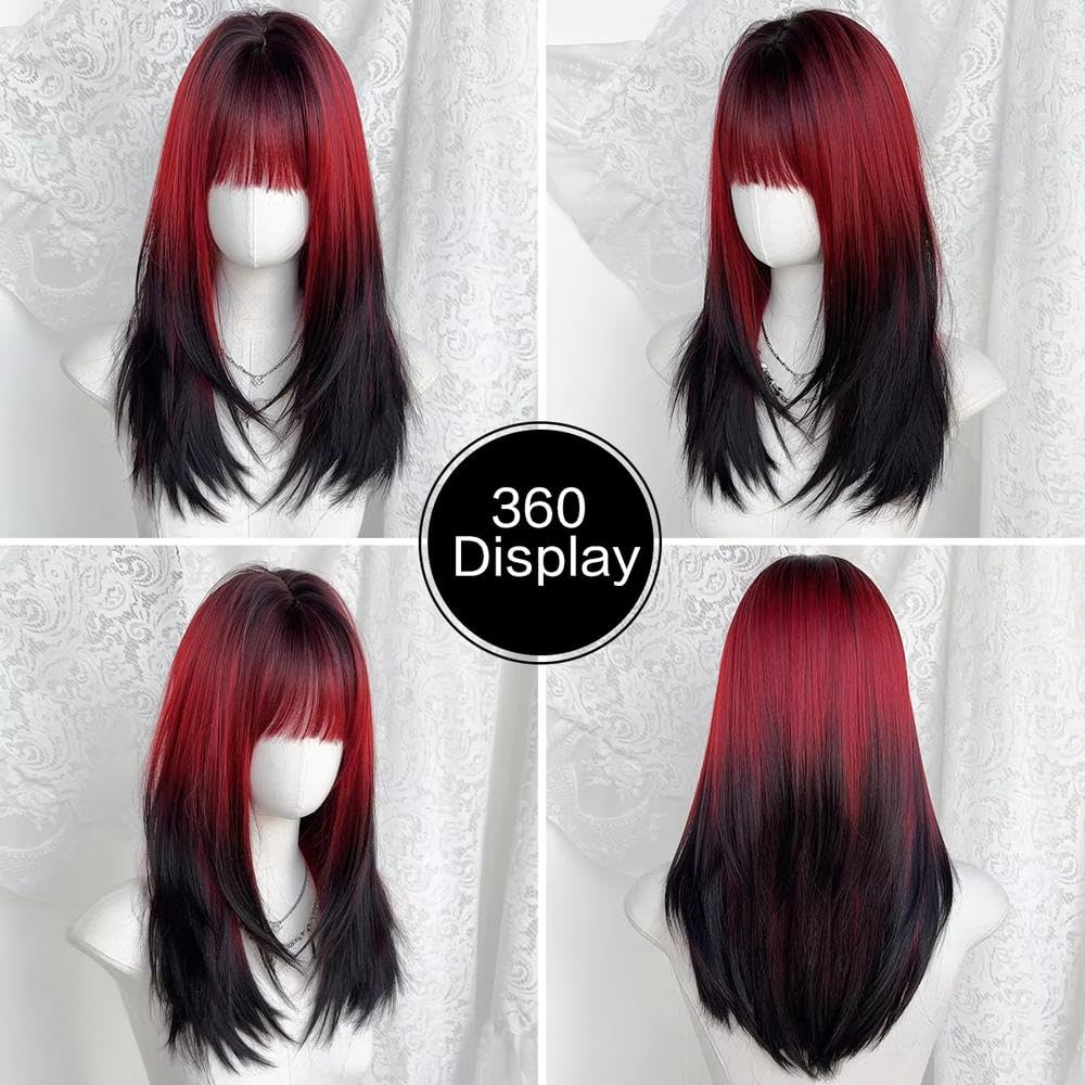 Haarpflege Schulterlange Gerade Schwarze Ombre Rot Perücke Für Damen Geschichtete Wear and Go Perücken Mit Dunklem Ansatz