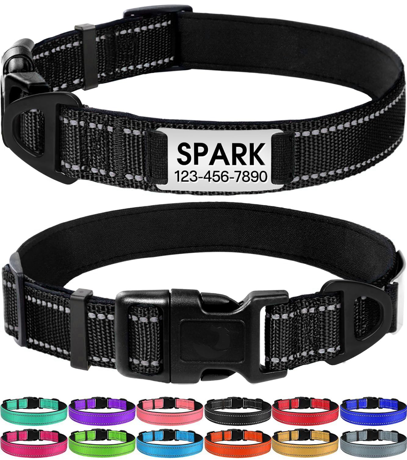 Joytale Personalized Dog Collars, Reflective Nylon Collar with Engraved Name Plate, Customized for Large Dogs, Black, L