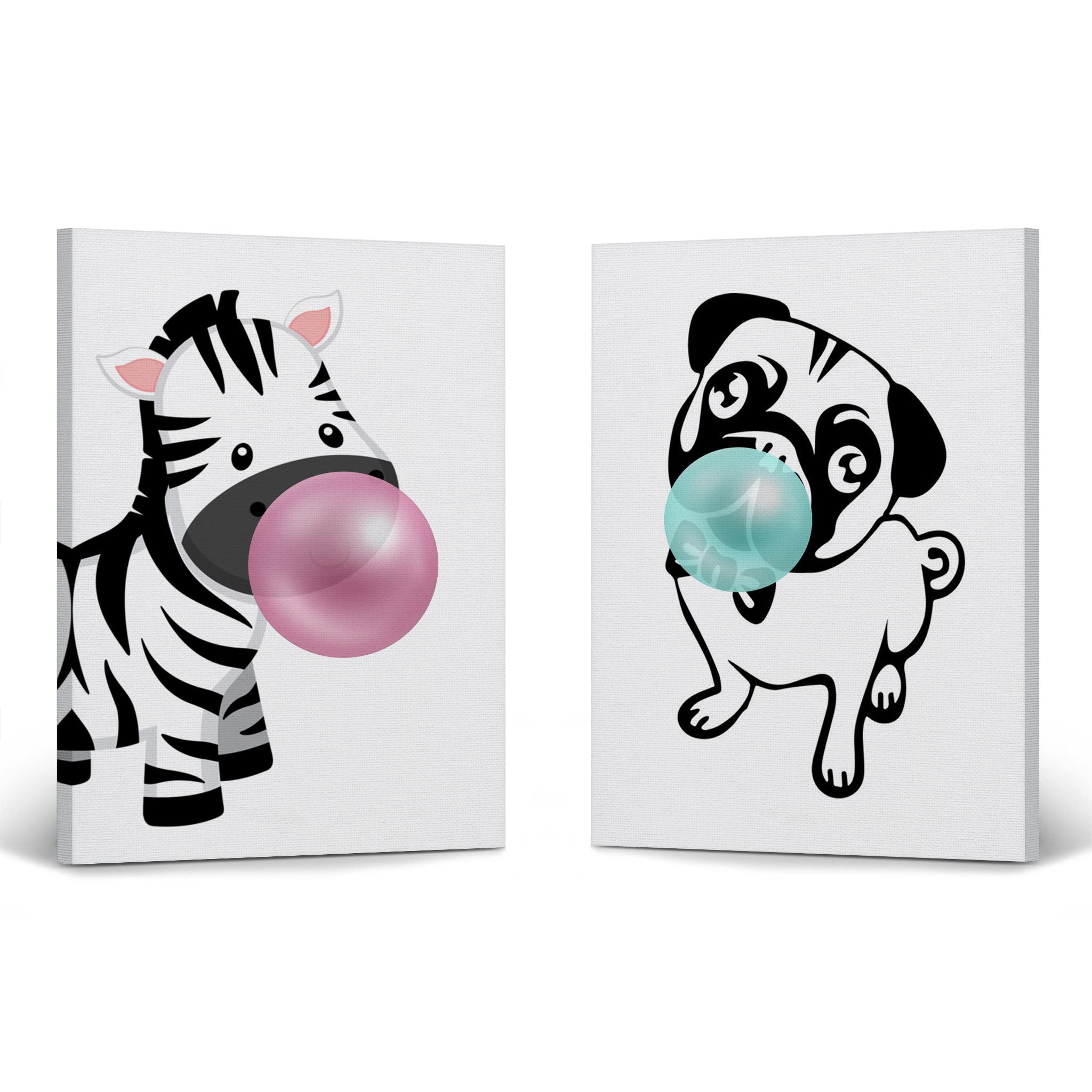 Smile Art Design Cute Puppy and Zebra Animal Bubble Gum Art 2 PANEL CANVAS PRINT SET Pink Gum Black and White Wall Art Nursery Decoration Baby Room Boy Girl Kids Room Ready to Hang Made in USA- 40x30