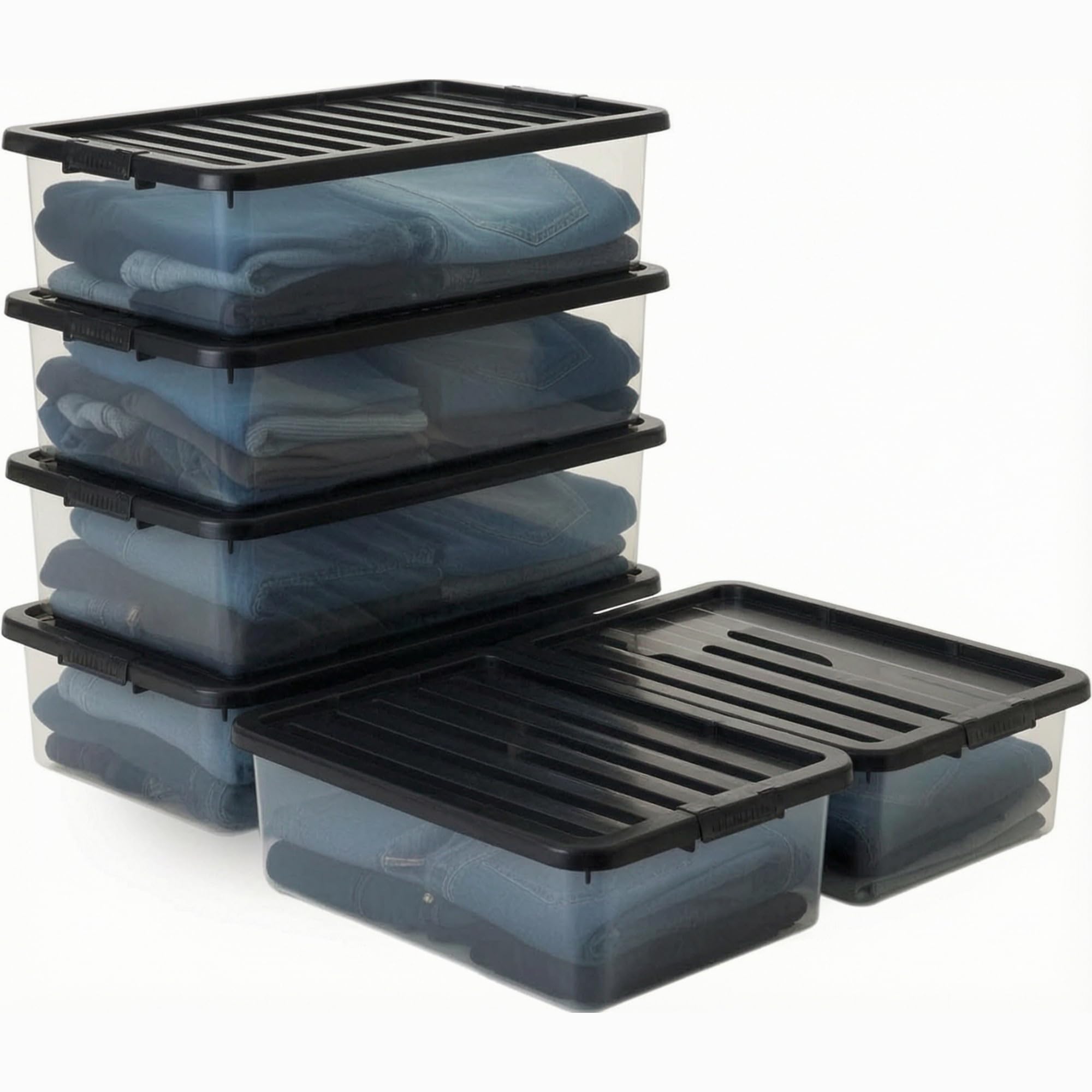 SIDSONS-6x 32L Clear Underbed Storage Box with Black Clip-On Lid β Slim Plastic Storage Container, Space-Saving Multipurpose Stackable & Nestable Organisers Clothes, Bedding, Toys & Household Items