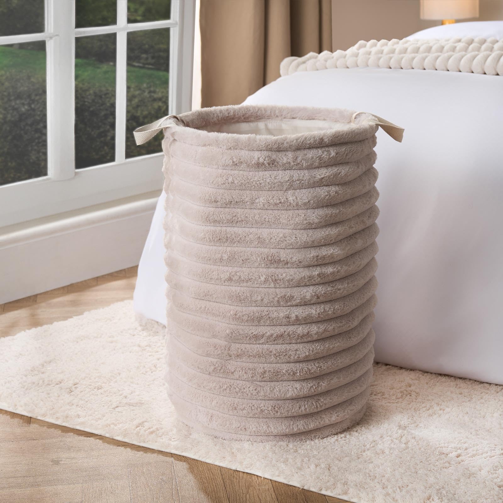 OHS Faux Fur Ribbed Laundry Basket - Natural - 36cm