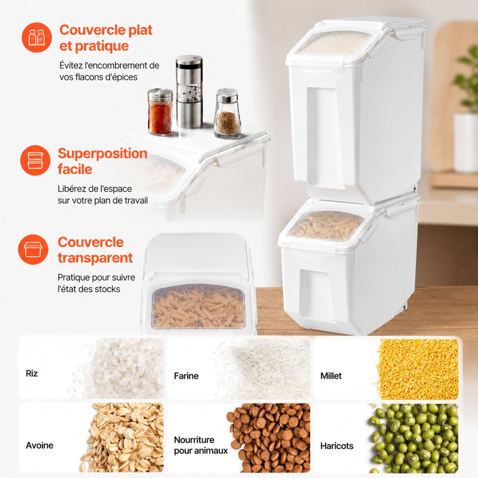 Lot de 2 conteneurs de riz 20 L avec couvercle, boîte de rangement pour céréales et farine, bac de cuisine avec roulettes