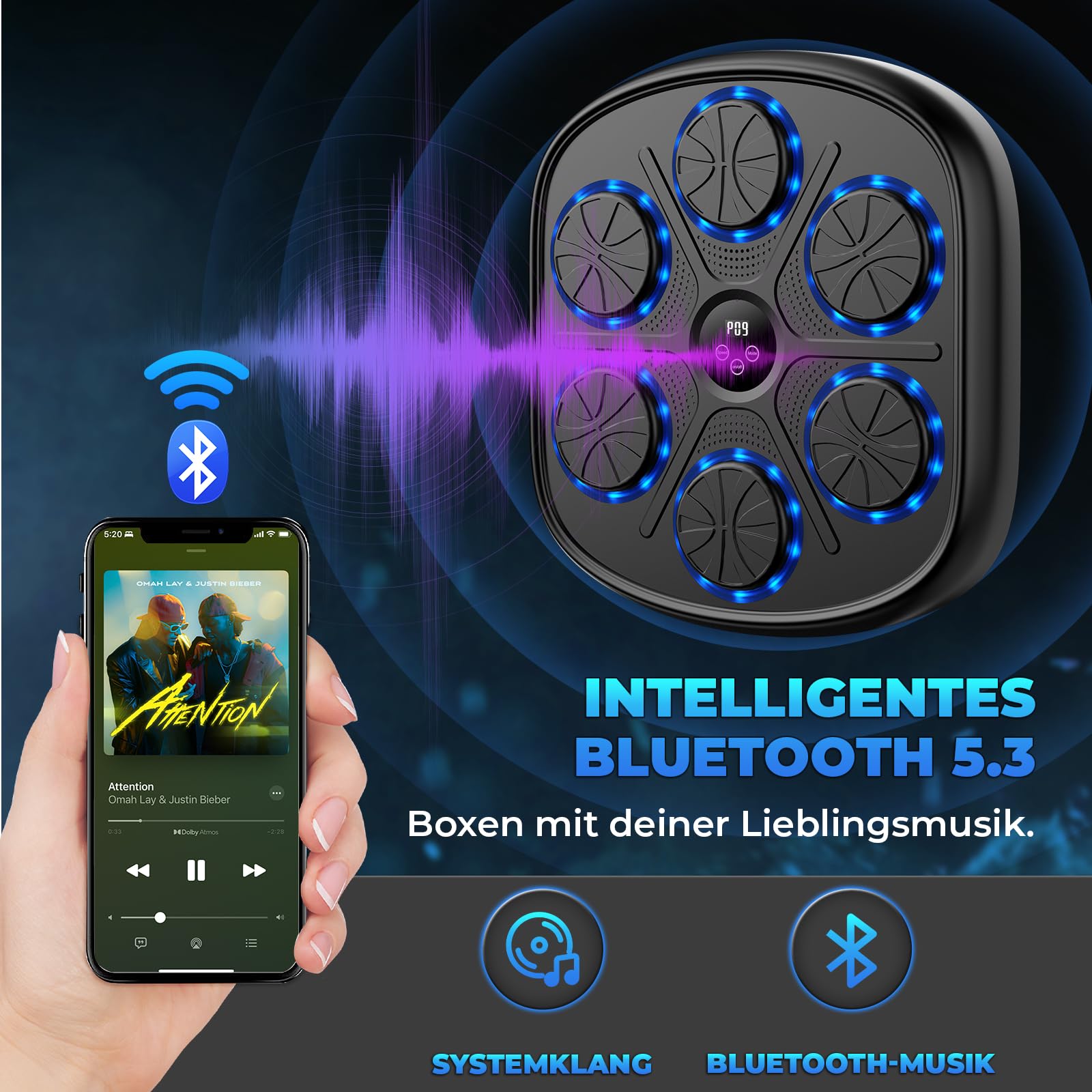Macchina da Boxe Musicale 2025 con Cavo di Ricarica da 2m e 2 Guanti, Macchina da Boxe Bluetooth a Parete con Musica, Volume Regolabile degli Effetti Sonori, Materiale PU Resistente, Fitness