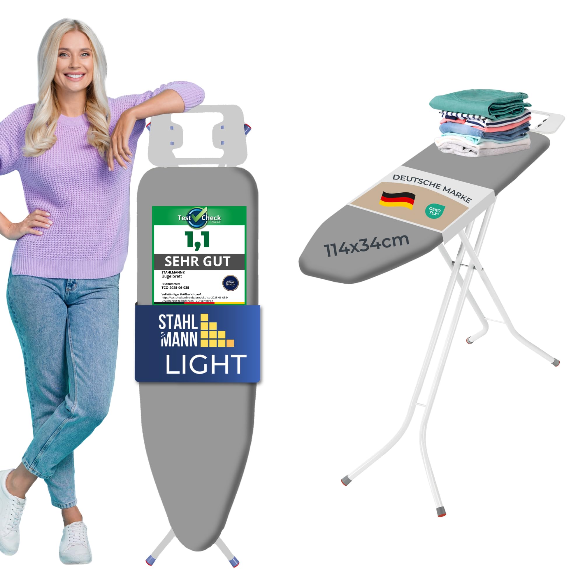 STAHLMANN ® Bügelbrett [114x34 Bügelfäche ] Grau mit rutschfesten Füßen – robuster Bügeltisch – extra stabiles Bügelbrett [Made IN EU] – Tischbügelbrett