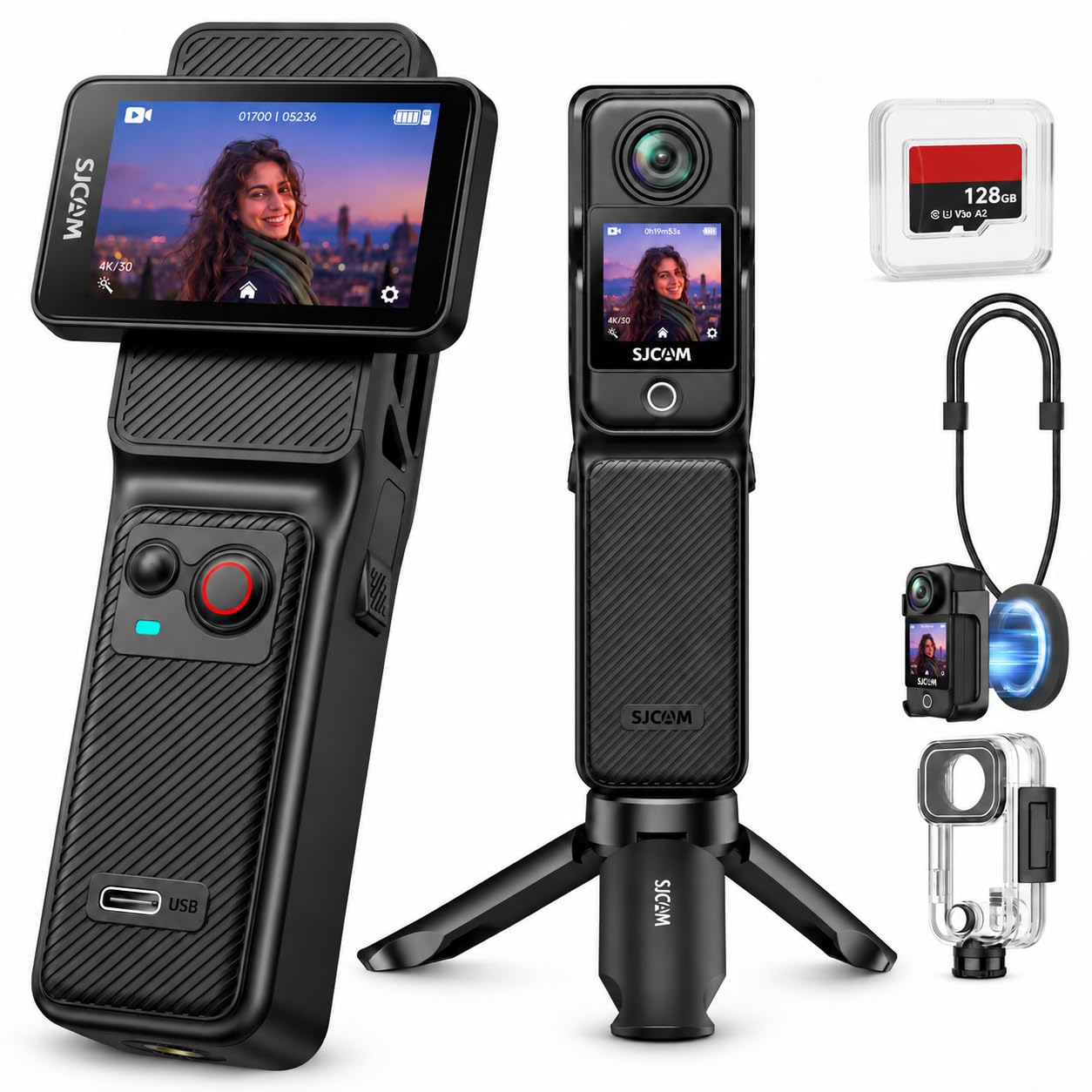 SJCAM C400 4K Vlogging Camera with 128GB Card,7H Battery,Wearable POV Cam